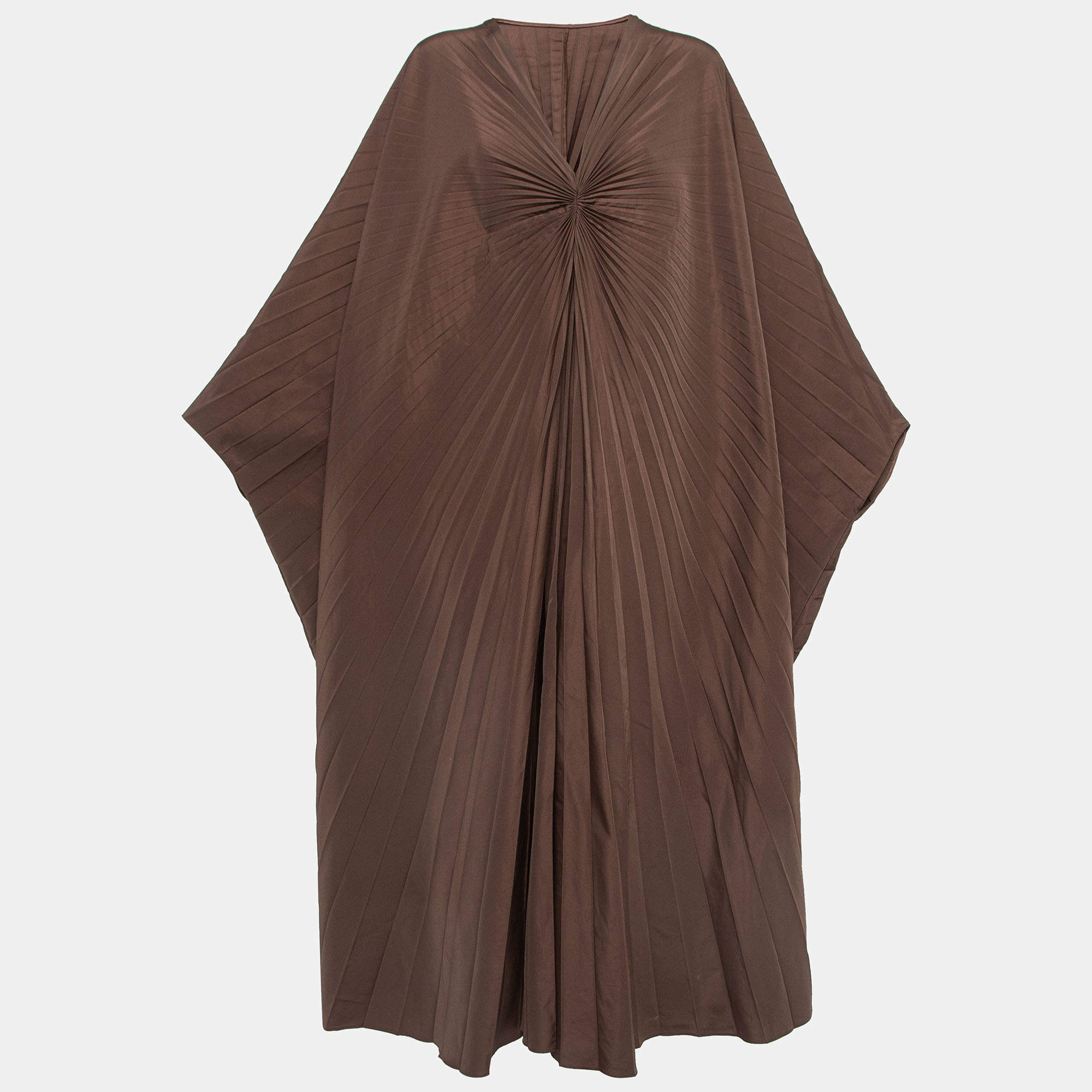 Valentino Brown Cotton Blend Micro Faille Plisse Dress S