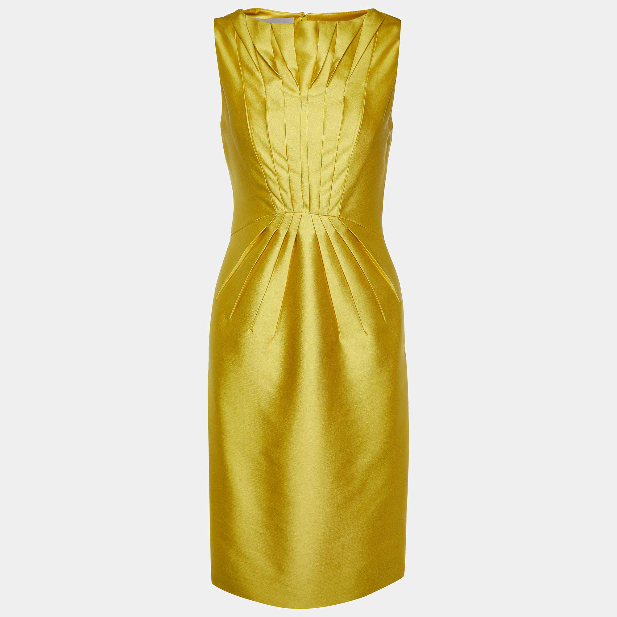 مملوكة مسبقًا Valentino Mustard Yellow Silk & Wool Pleated Detail Sheath Dress S