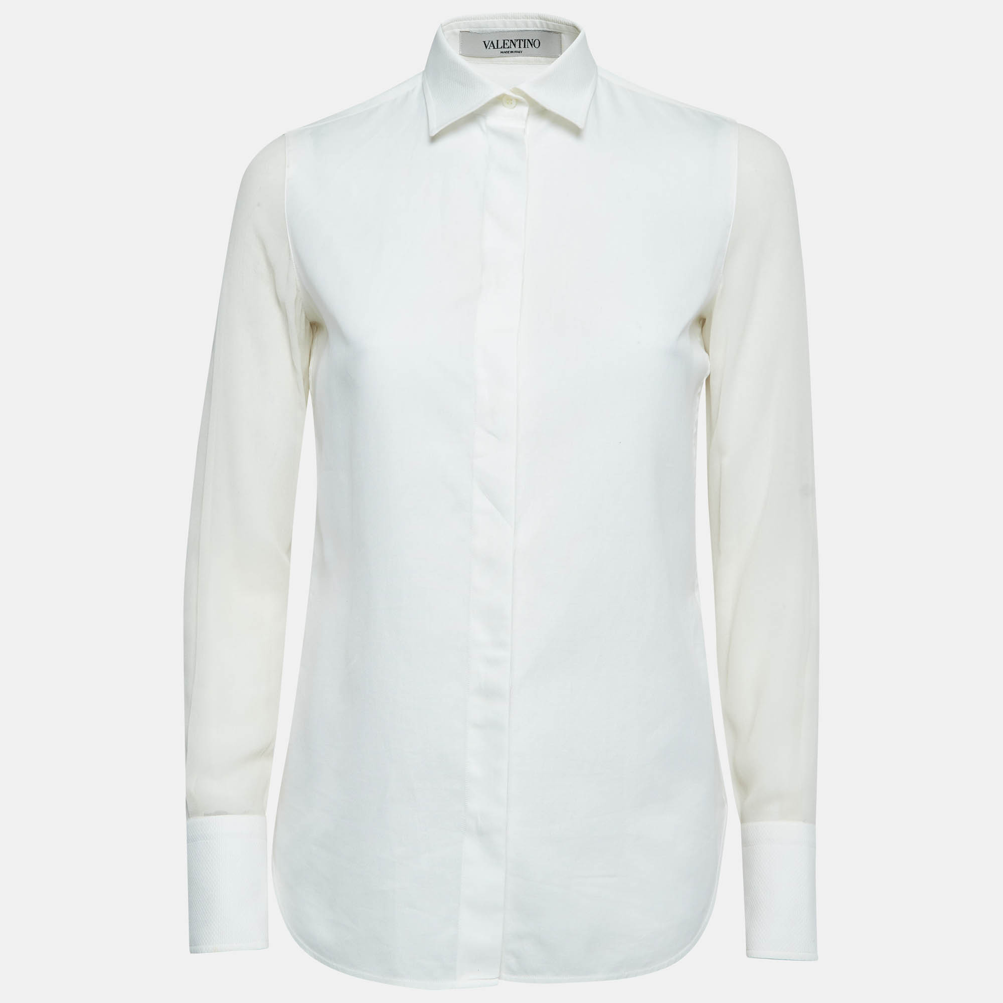 Pre Owned Valentino Off-White Cotton and Silk Long Sleeve Semi Sheer Shirt S