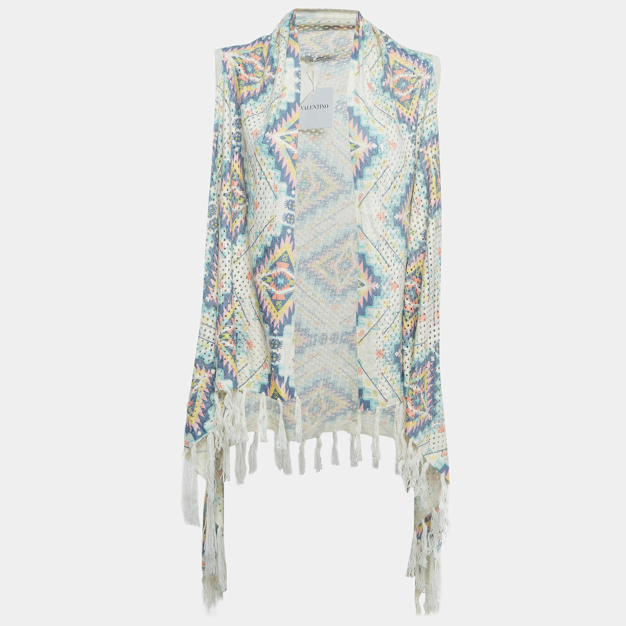 Pre Owned Valentino Multicolor Eyelet Crochet Tassel Detail Front Open Long Cardigan One Size 