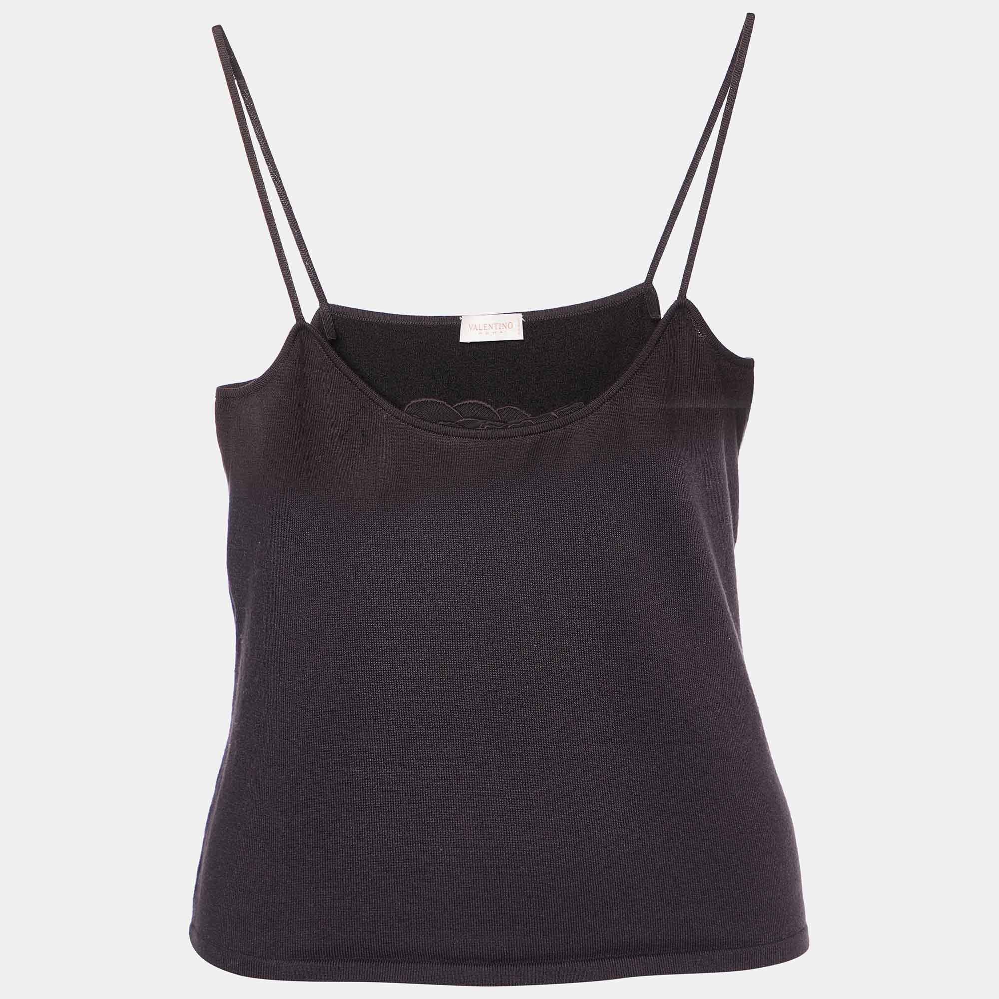 Pre Owned Valentino Vintage Brown Jersey Lace Trim Camisole Top L