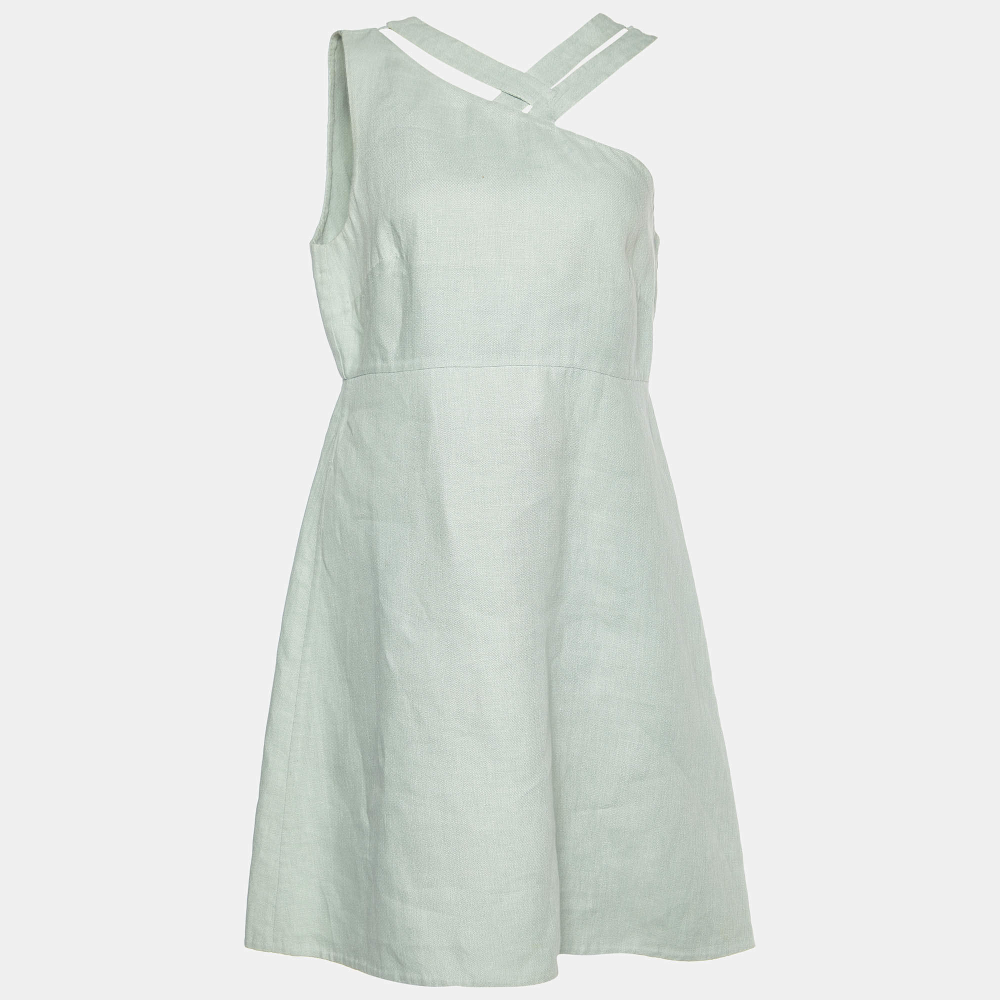 Pre Owned Valentino Sage Green Linen Asymmetric Neck Mini Dress M