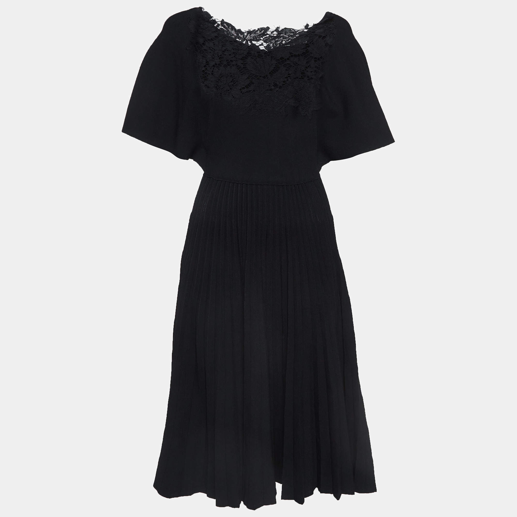 Pre Owned Valentino Garavani Black Knit Lace Trimmed Midi Dress S