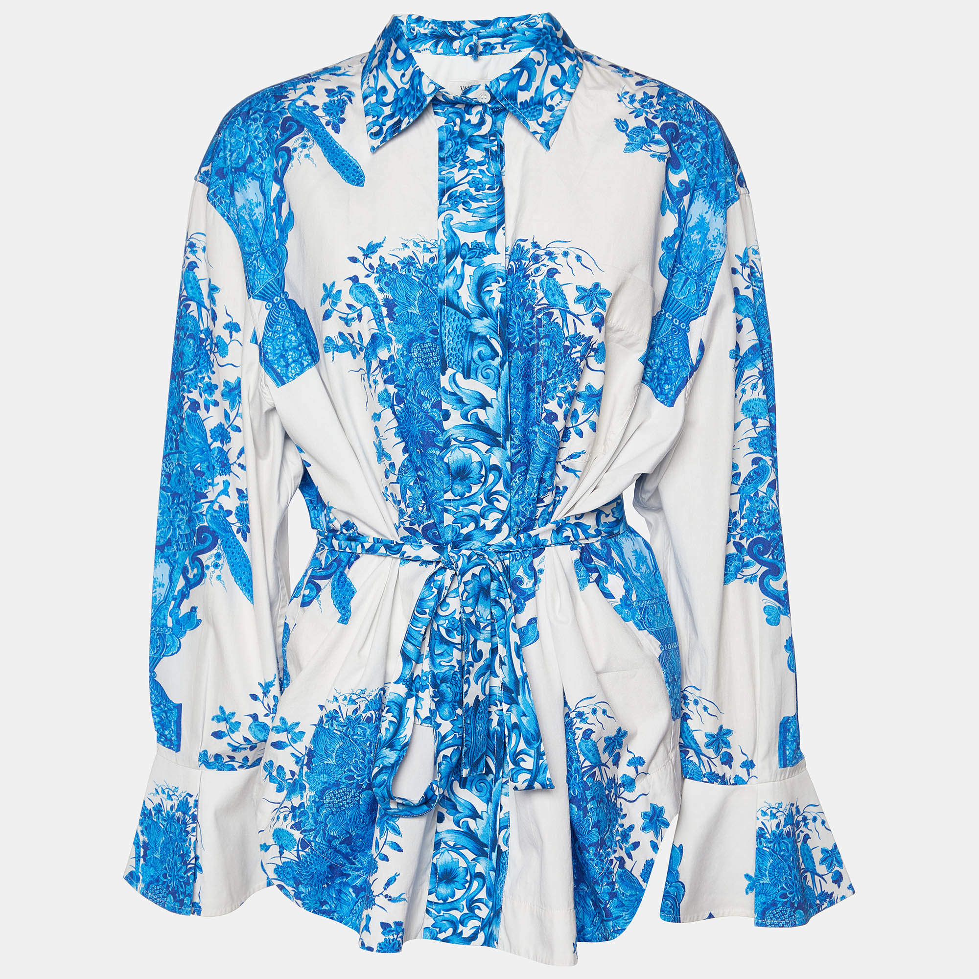 Pre Owned Valentino White Bluegrace Print Poplin Neck Tie-Up Shirt L