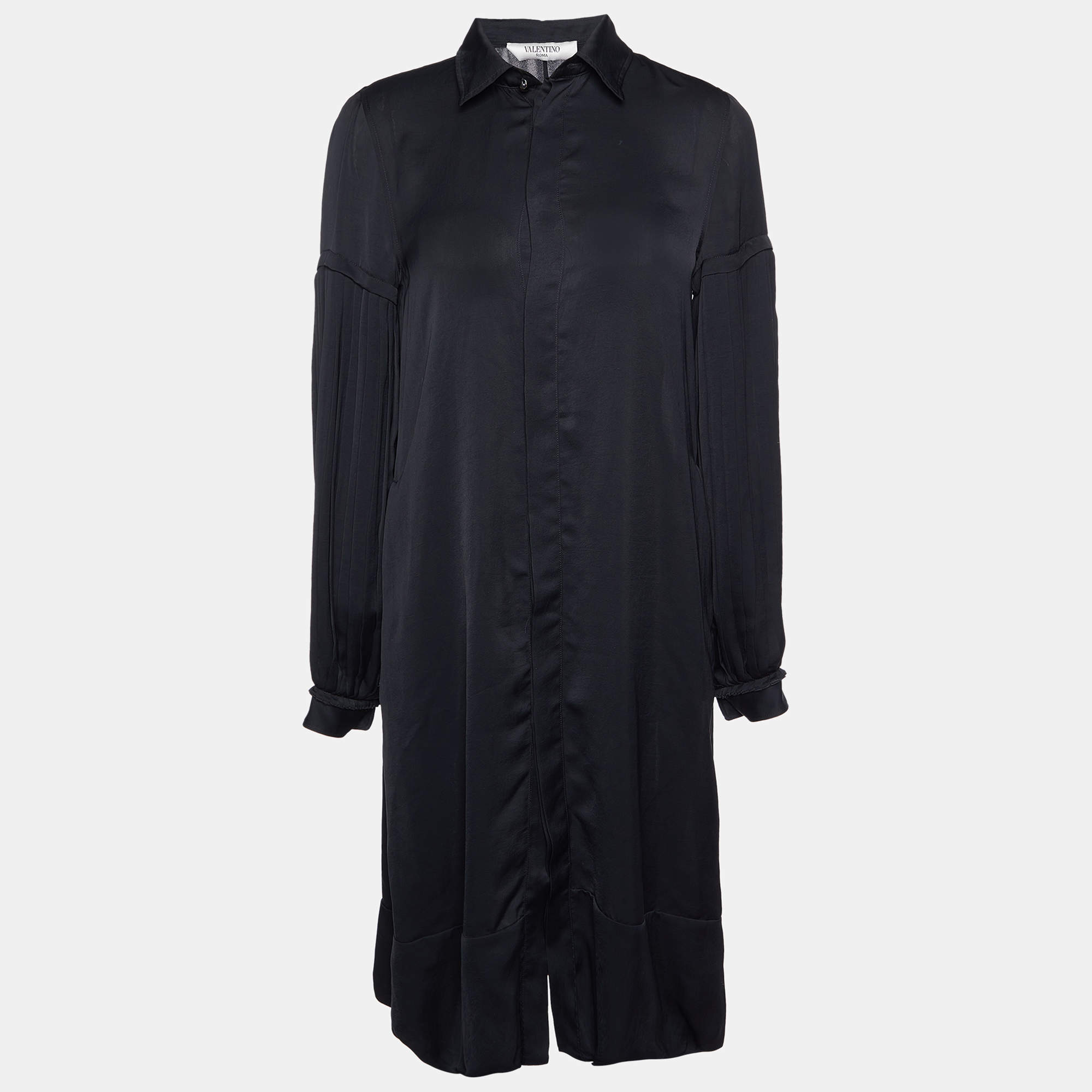Pre Owned Valentino Black Satin Pleated Sleeve Shirt Dress M