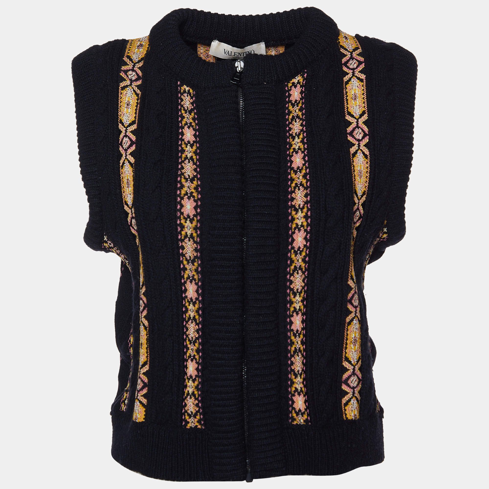 Pre Owned Valentino Black Patterned Fleece Wool and Cashmere Zip Front Vest M