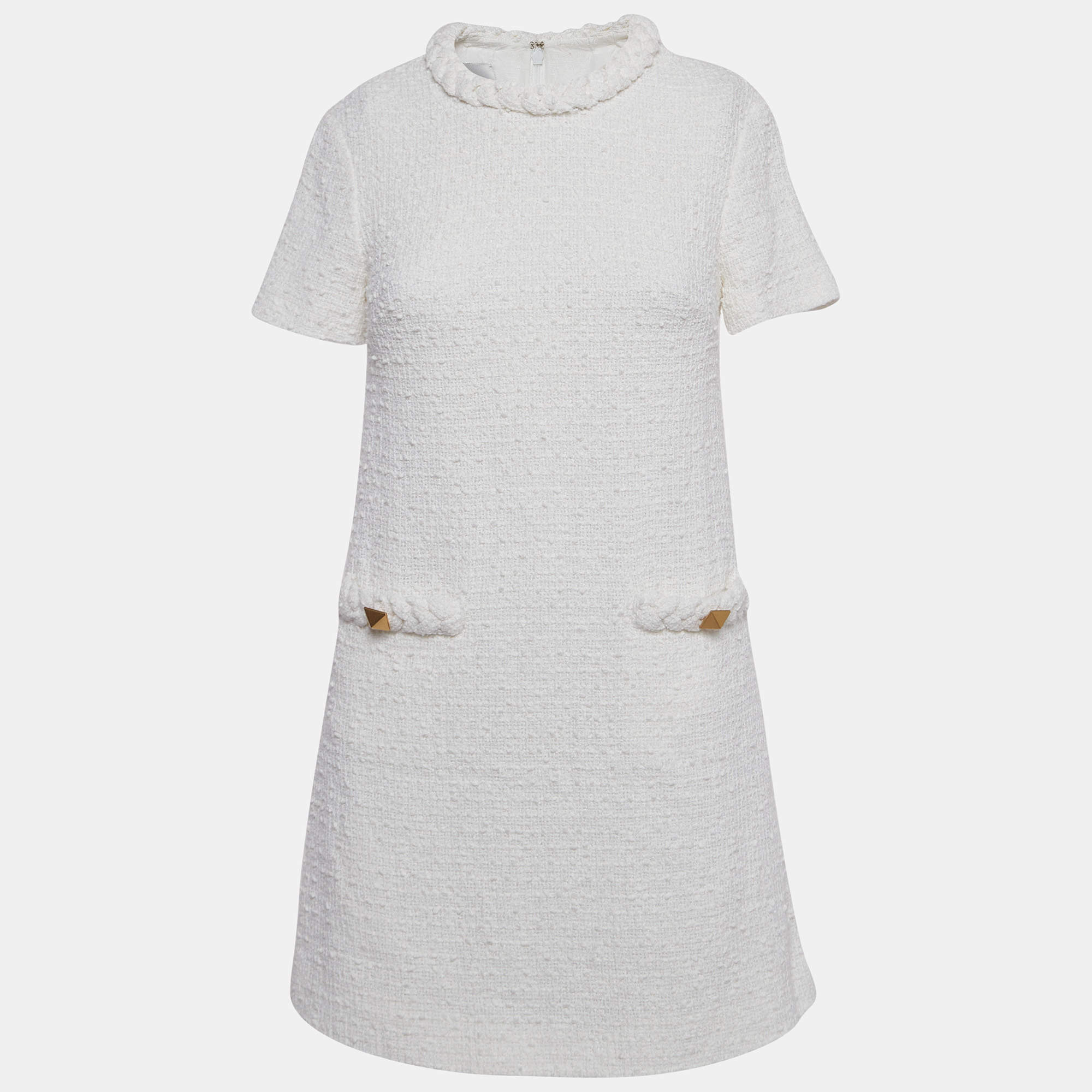 Pre Owned Valentino Off-White Tweed Mini Dress S