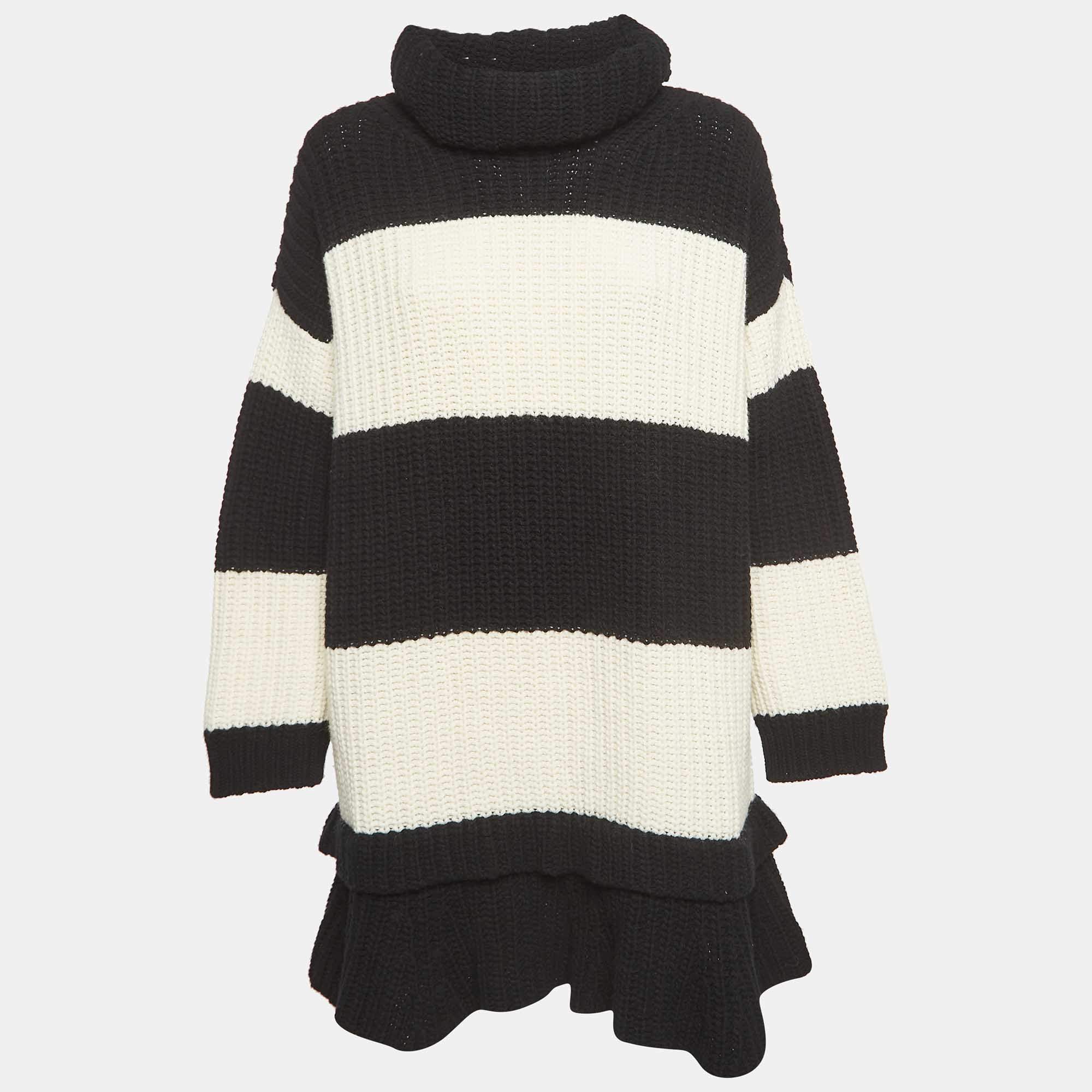 Pre Owned Valentino Black/White Stripe Wool Knit Turtleneck Mini Dress S  