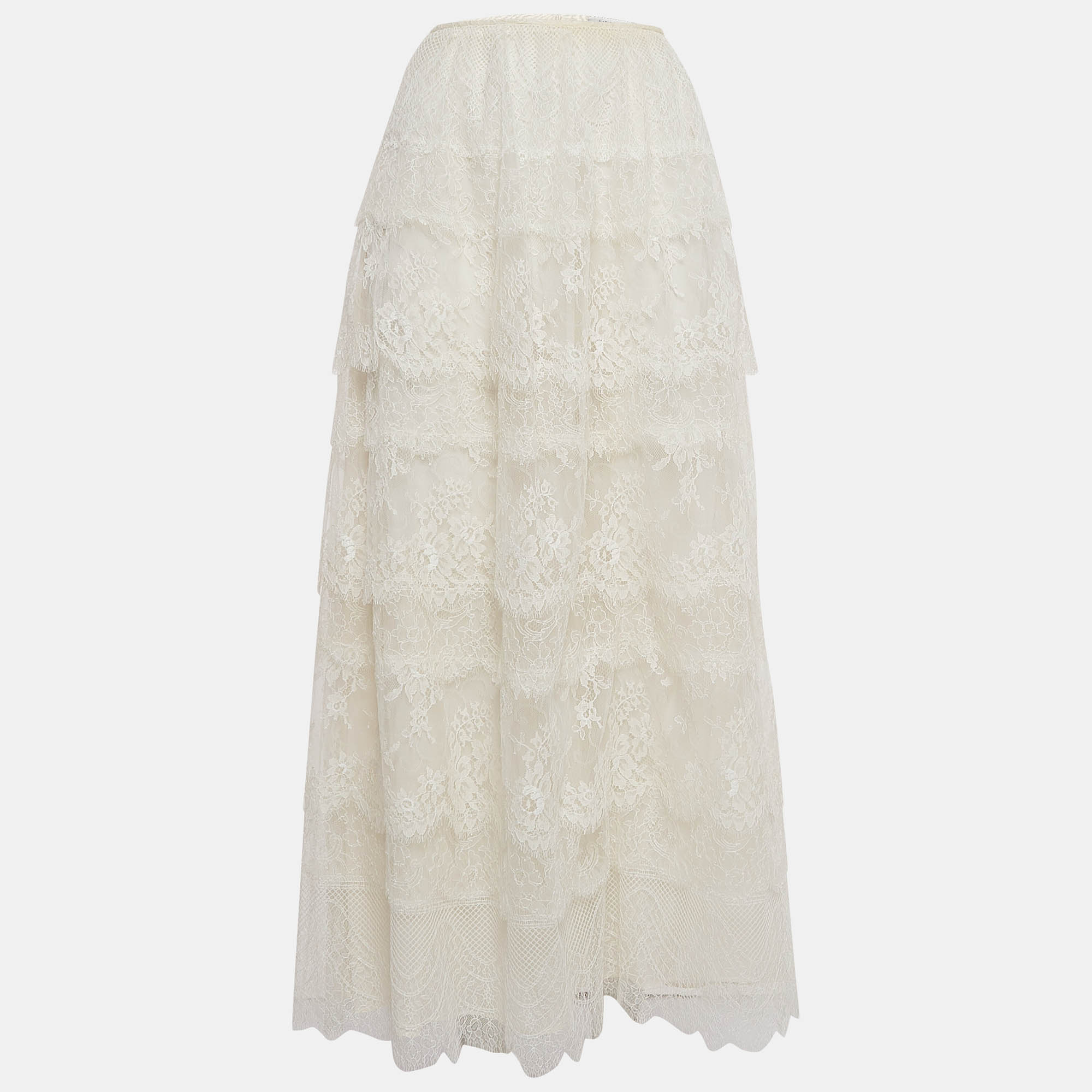 Valentino White Patterned Lace Tiered Midi Skirt L