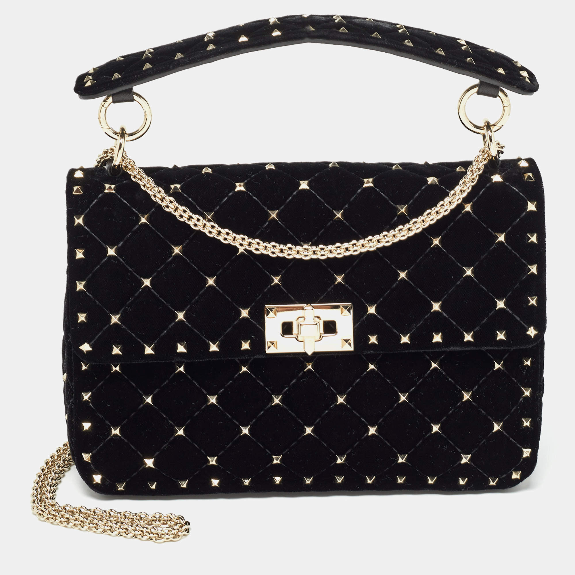 مملوكة مسبقًا Valentino Black Quilted Velvet Medium Rockstud Spike Top Handle Bag