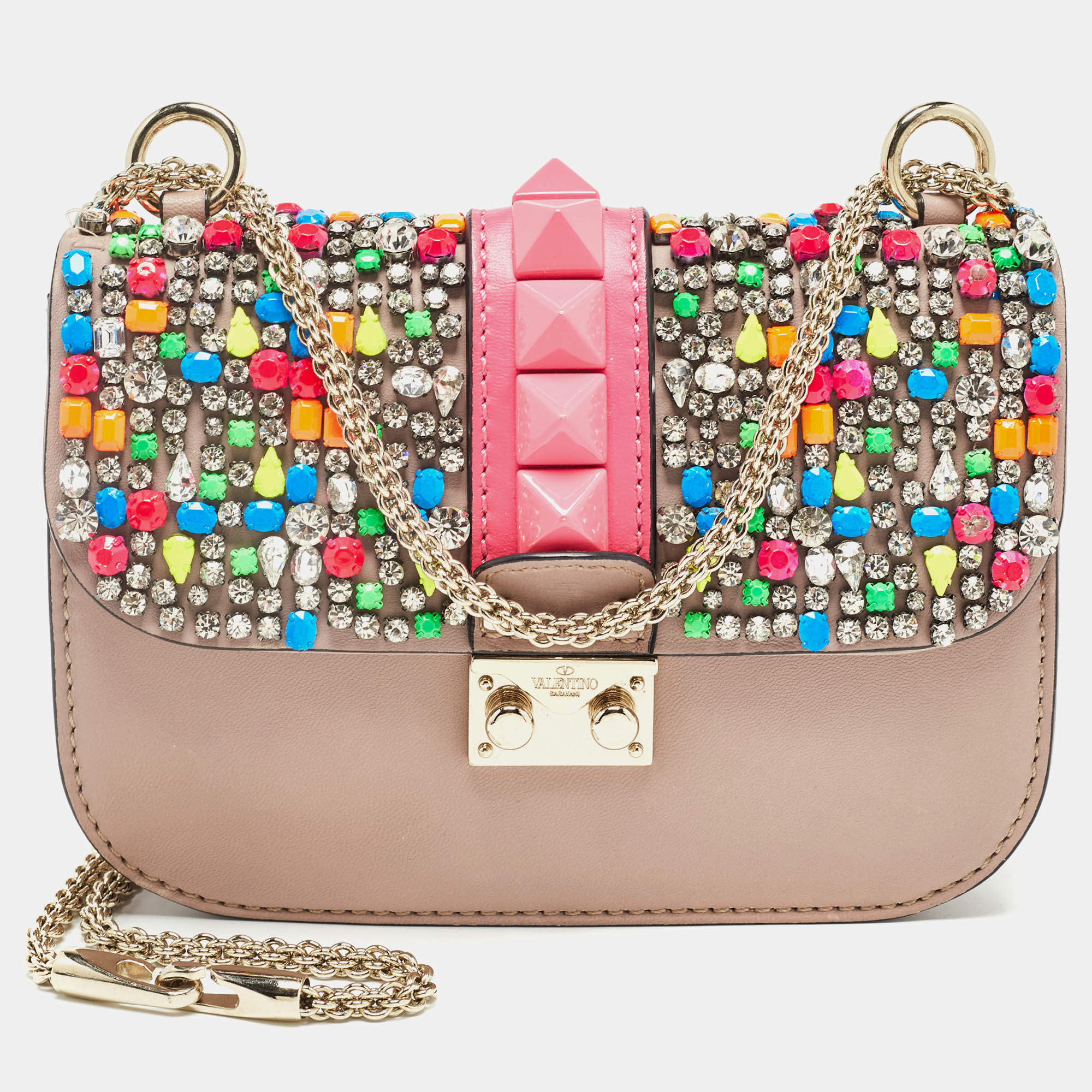 Pre Owned Valentino Beige Leather Multicolor Embellished Small Rockstud Glam Lock Flap Bag