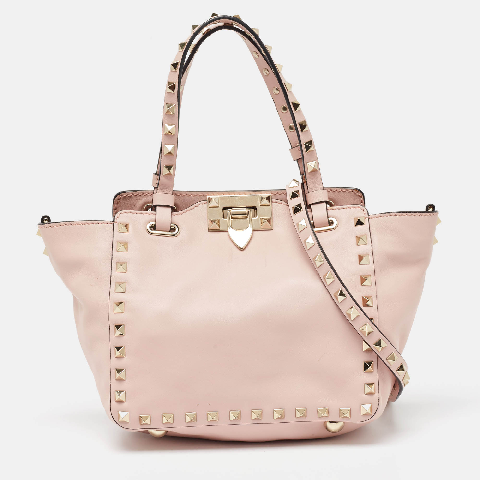 Pre Owned Valentino Light Pink Leather Mini Rockstud Trapeze Tote