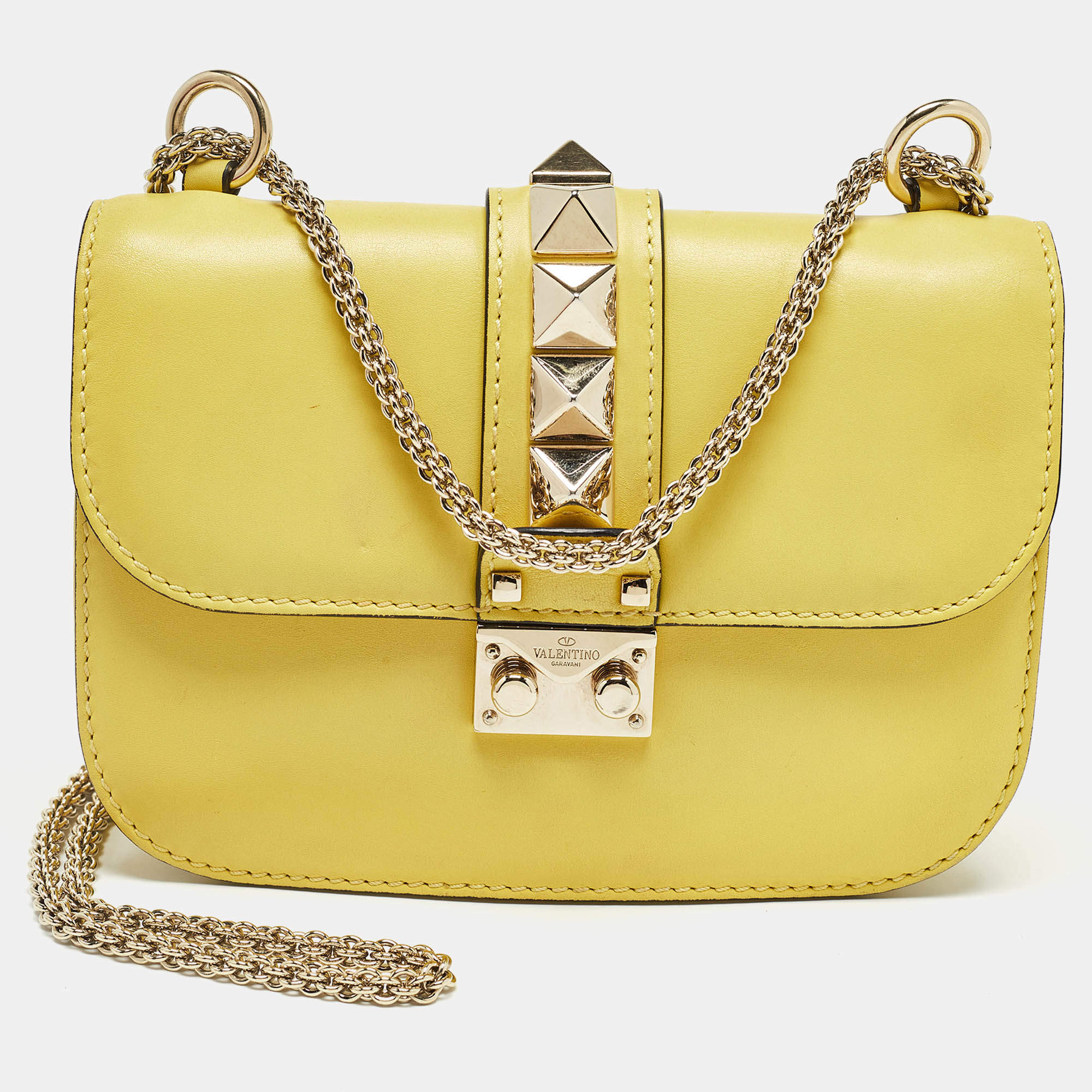 Pre Owned Valentino Yellow Leather Small Rockstud Glam Lock Flap Bag