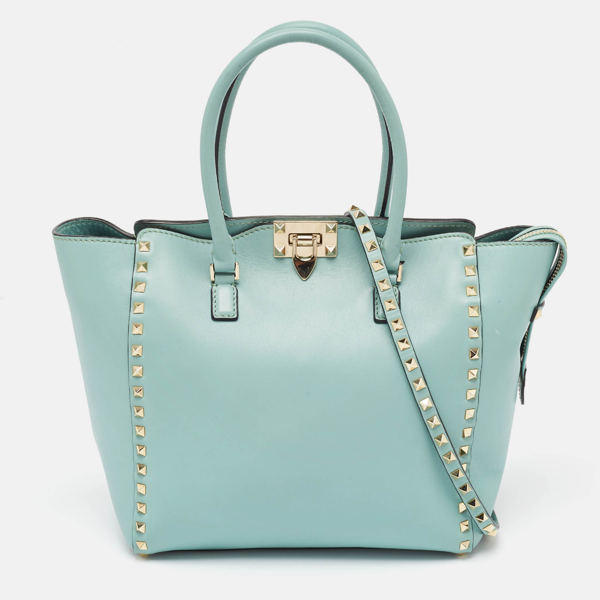 Pre Owned Valentino Light Blue Leather Medium Rockstud Trapeze Tote