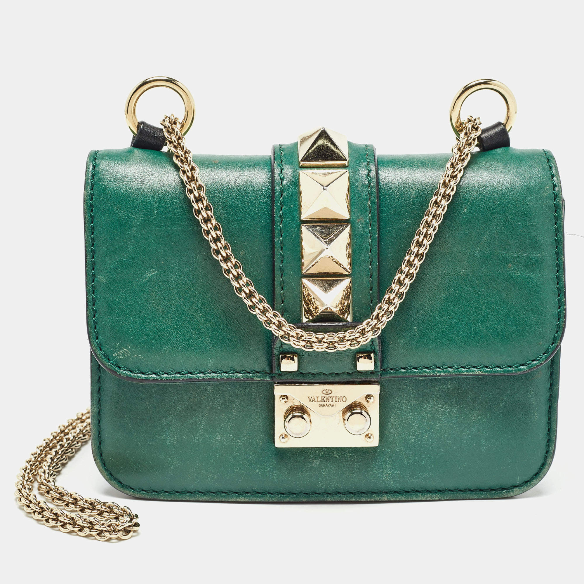 Valentino Green Leather Mini Glam Lock Shoulder Bag