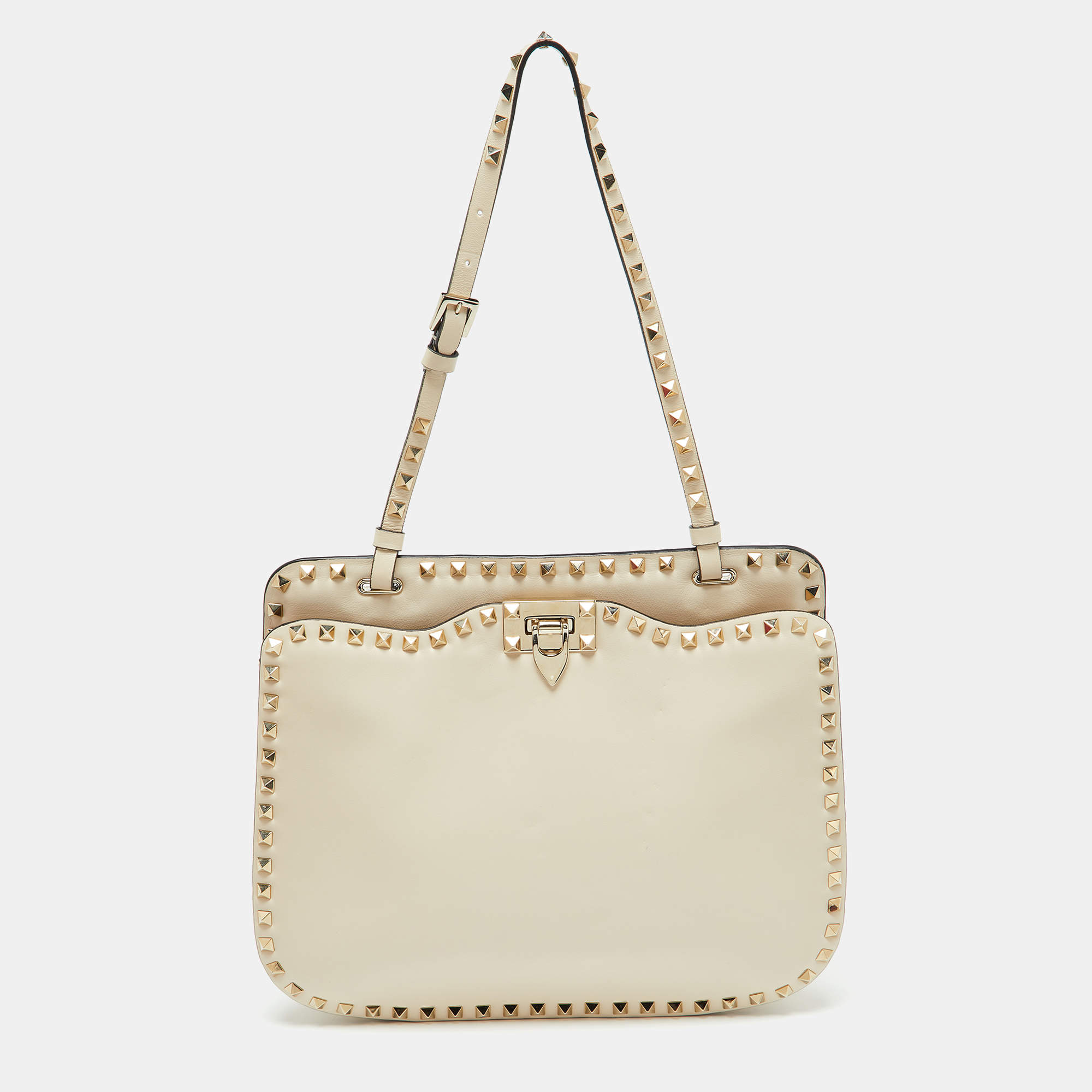 Pre Owned Valentino Off White Leather Rockstud Hobo