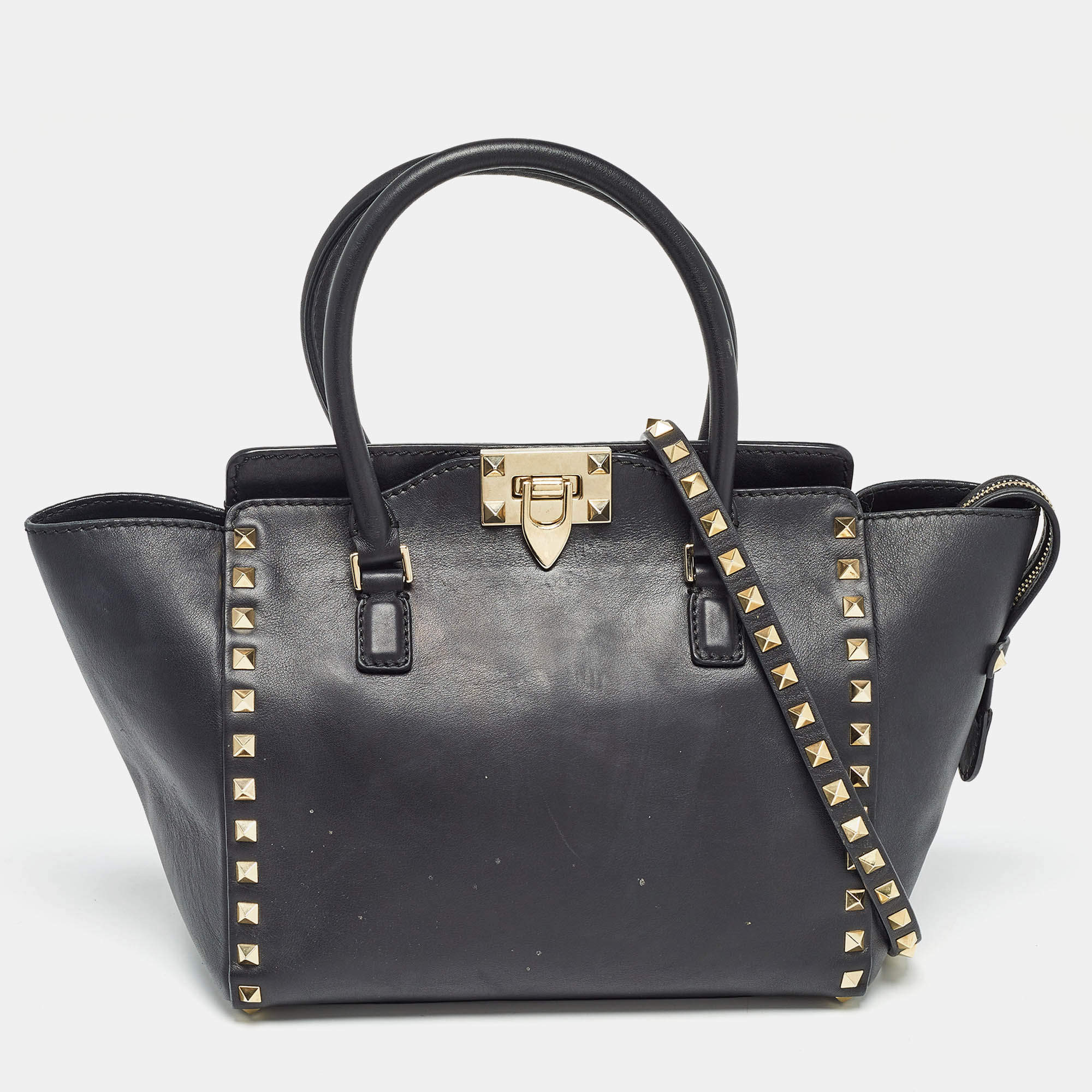 Valentino Black Leather Medium Rockstud Trapeze Tote