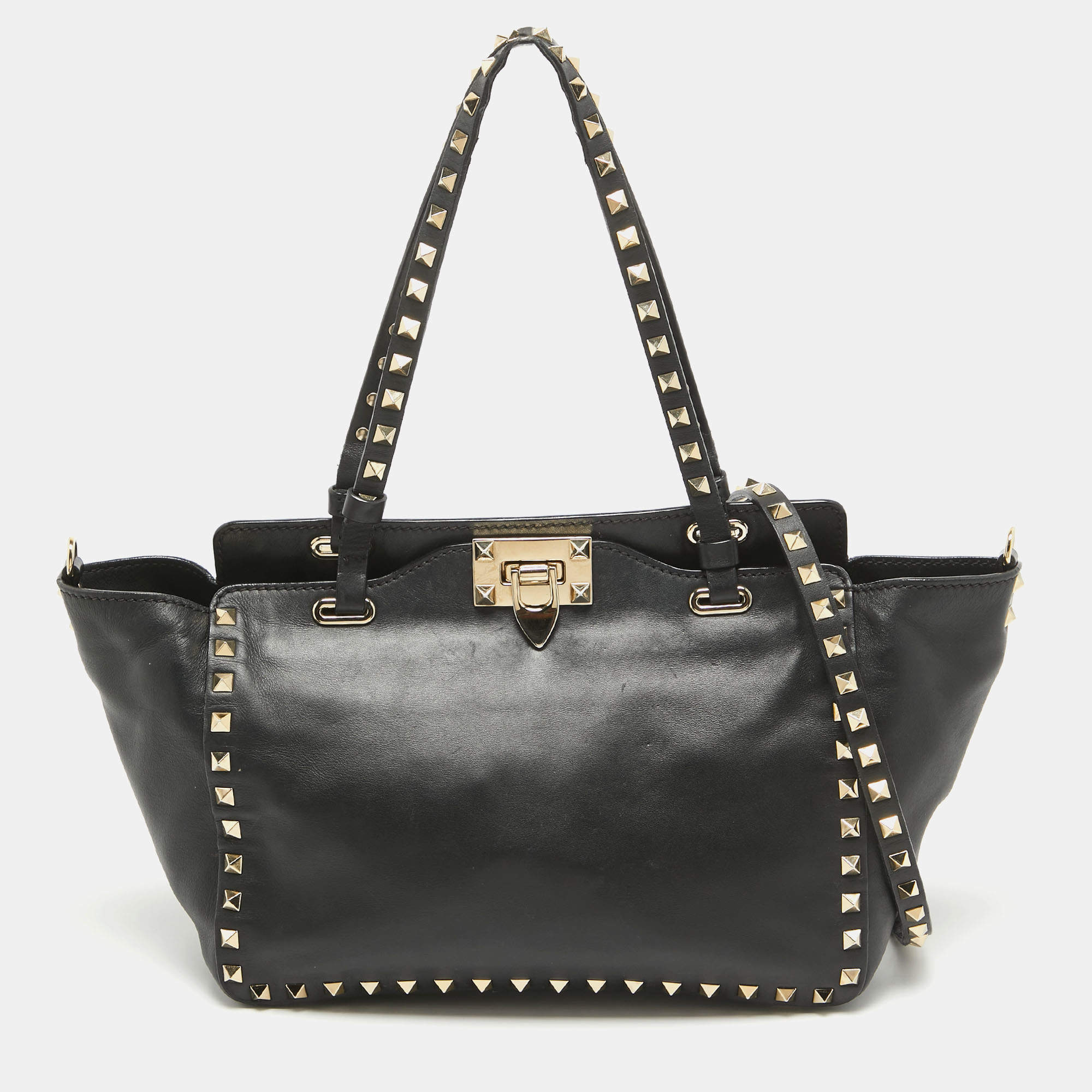 Pre Owned Valentino Black Leather Small Rockstud Trapeze Tote