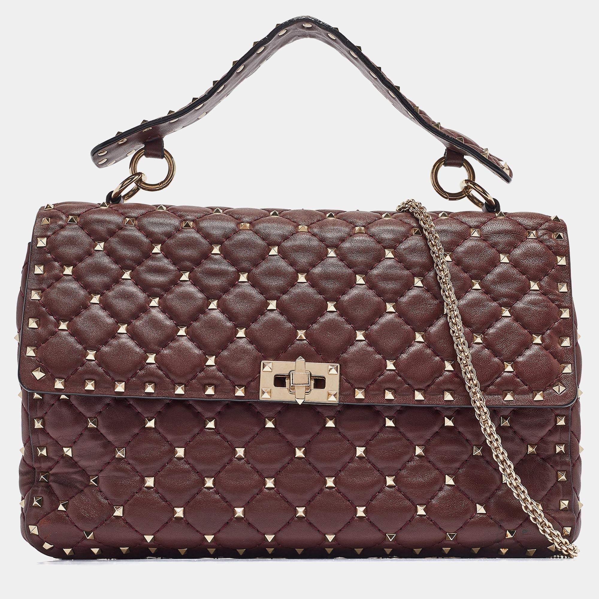 مملوكة مسبقًا Valentino Burgundy Leather Large Rockstud Spike Top Handle Bag