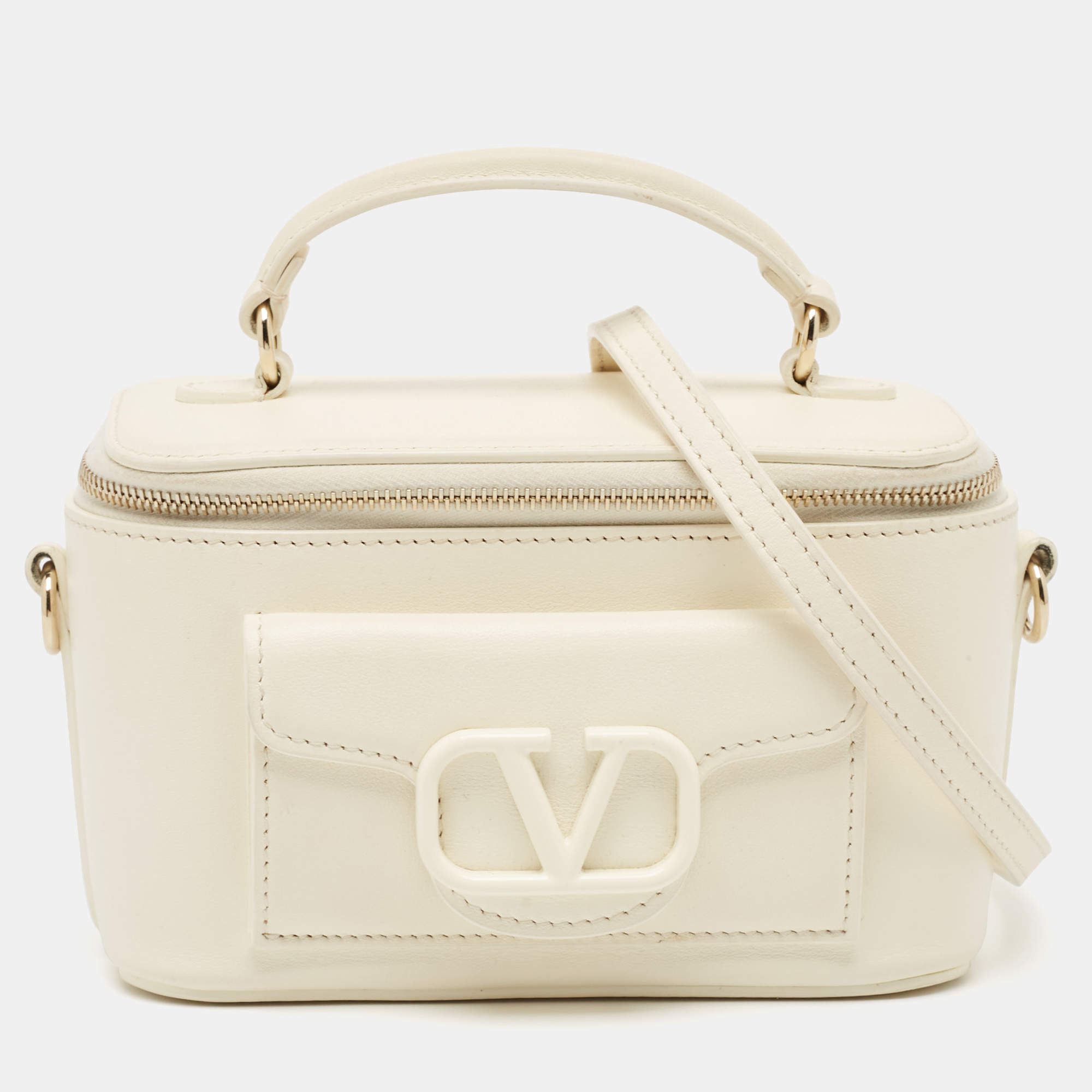 Pre Owned Valentino Off White Leather Locò Vanity Case Top Handle Bag