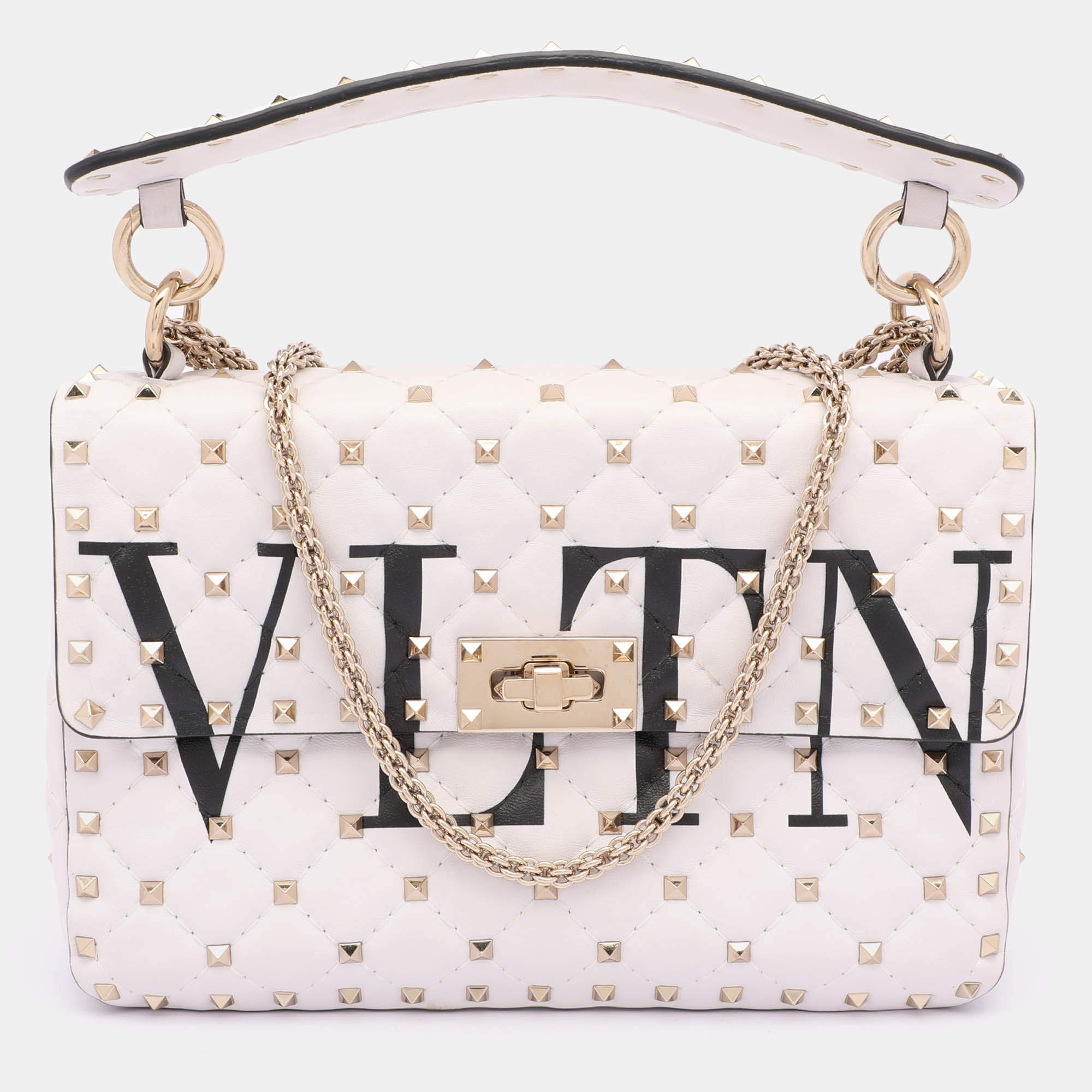 Pre Owned Valentino White Leather Medium Rockstud Spike VLTN Shoulder Bag