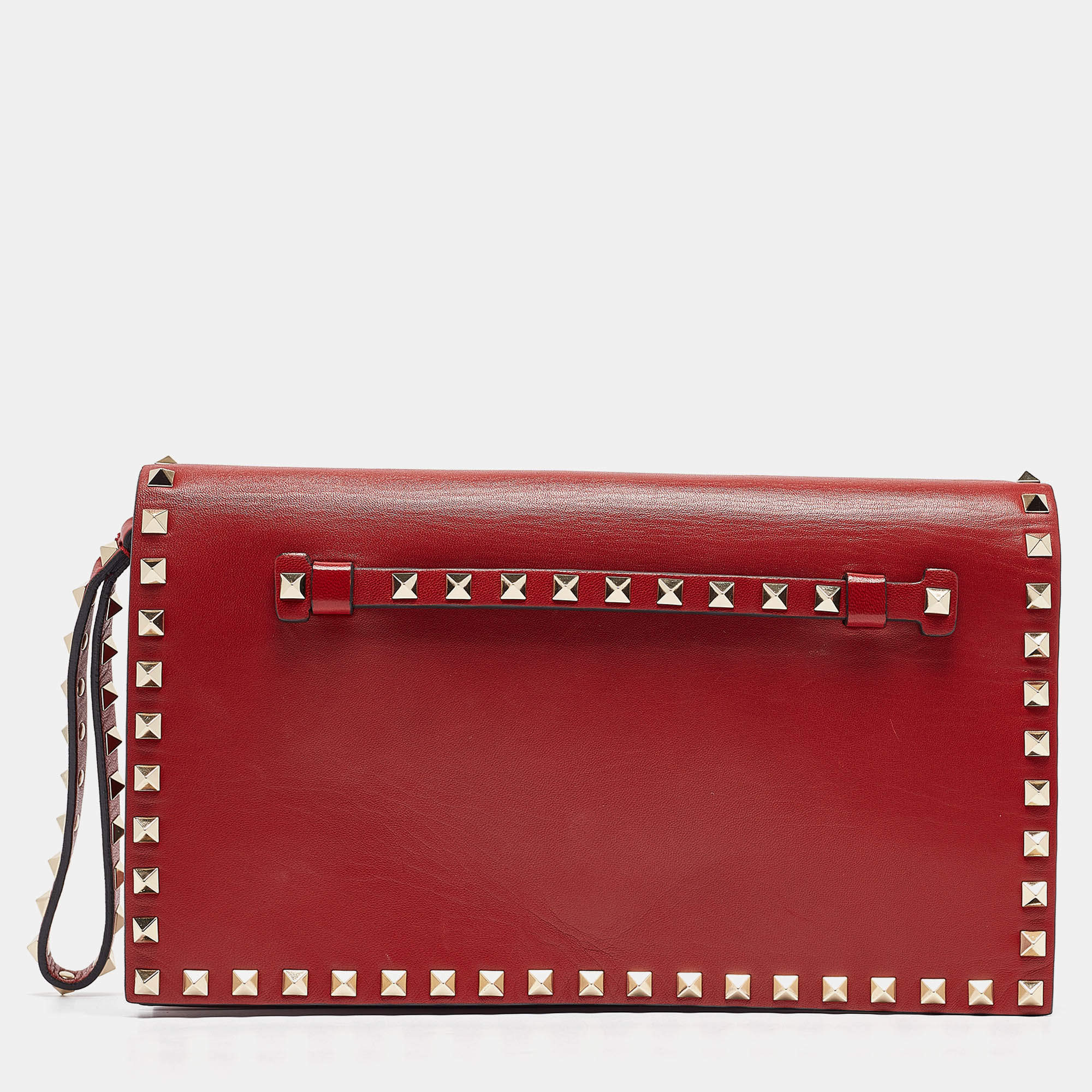 Valentino Red Leather Rockstud Flap Wristlet Clutch