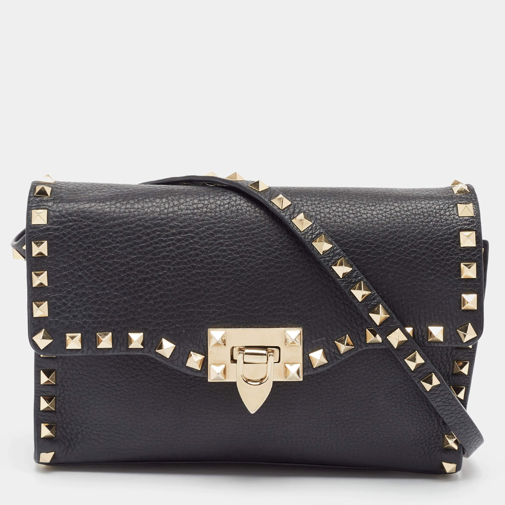 Pre Owned Valentino Black Leather Rockstud Flap Crossbody Bag