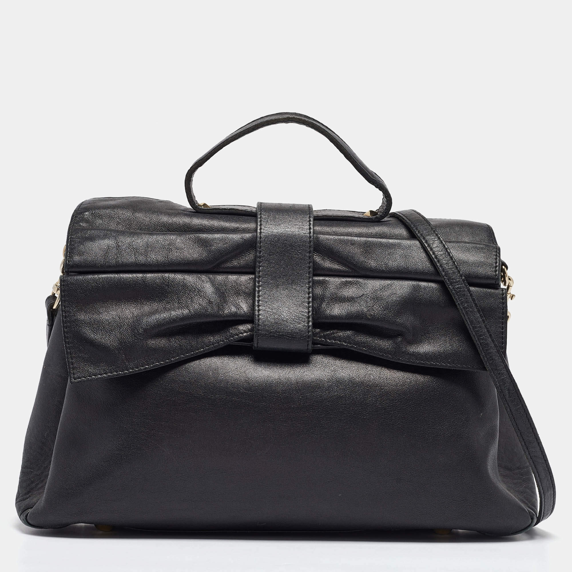 Pre Owned Valentino Black Leather Bow Top Handle Bag