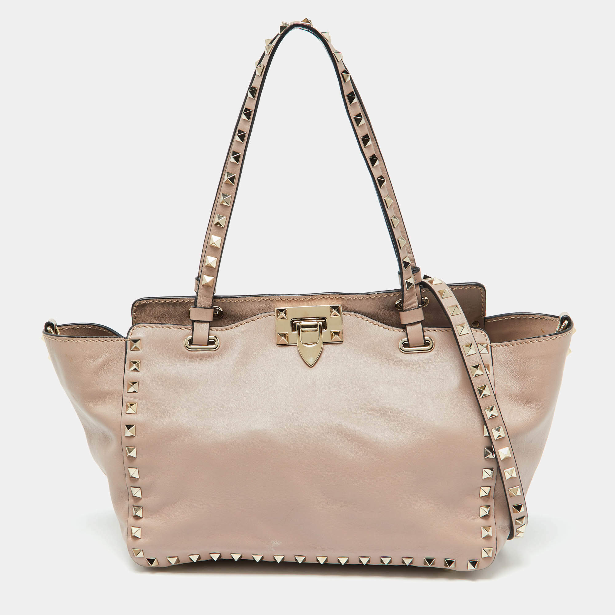 Pre Owned Valentino Pink Leather Medium Rockstud Trapeze Tote