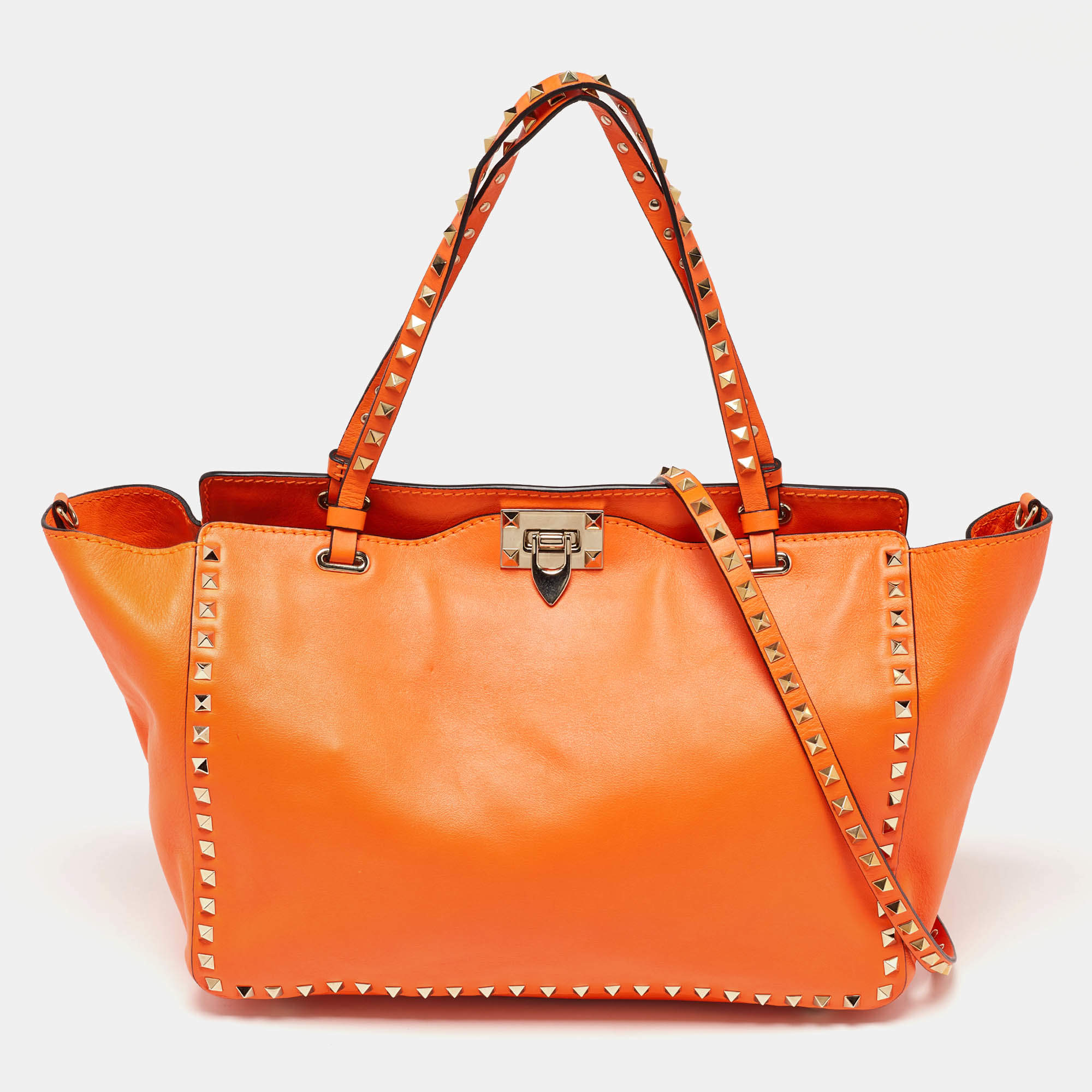 Pre Owned Valentino Neon Orange Leather Medium Rockstud Trapeze Tote