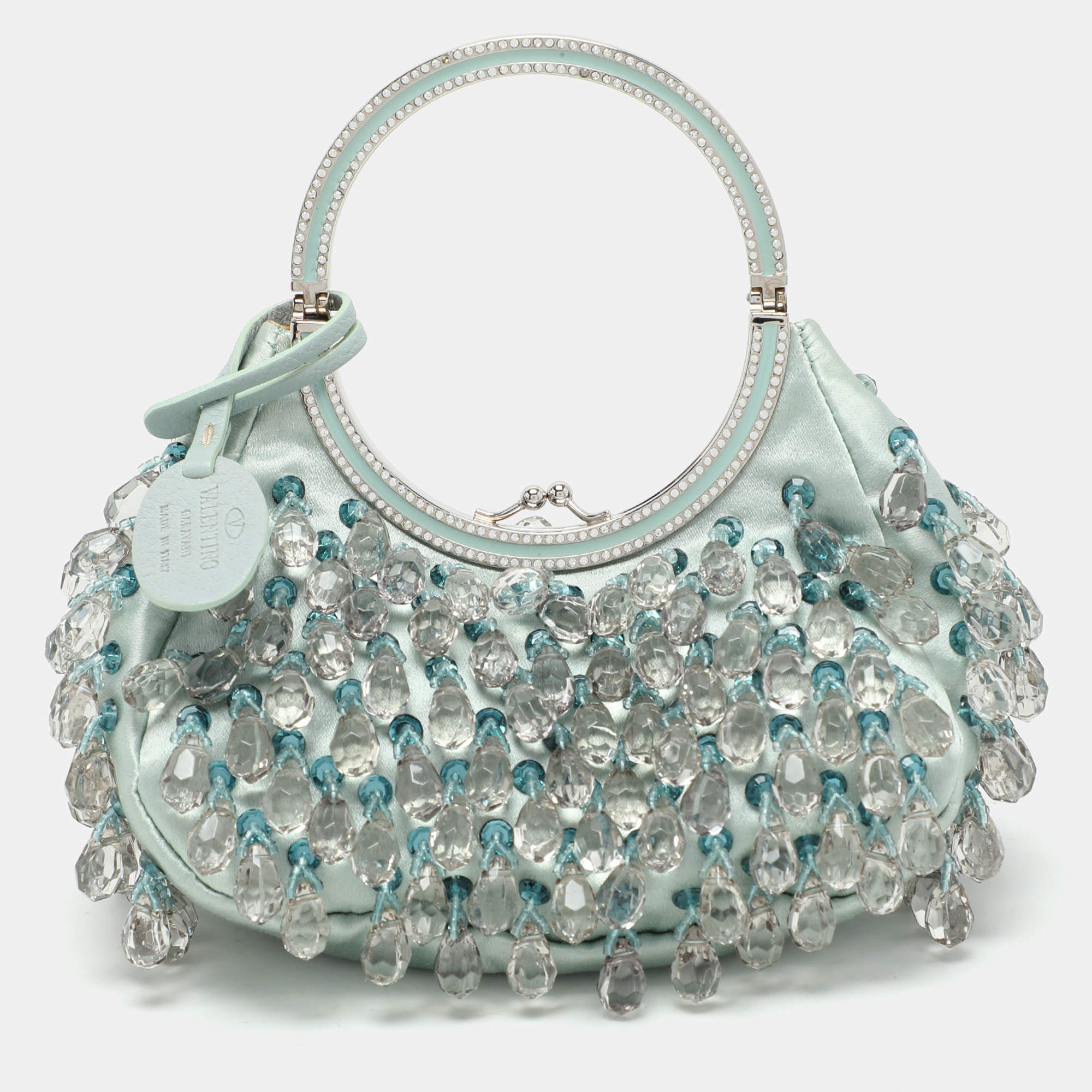 Pre Owned Valentino Blue Satin Embellished Raindrop Evening Satchel