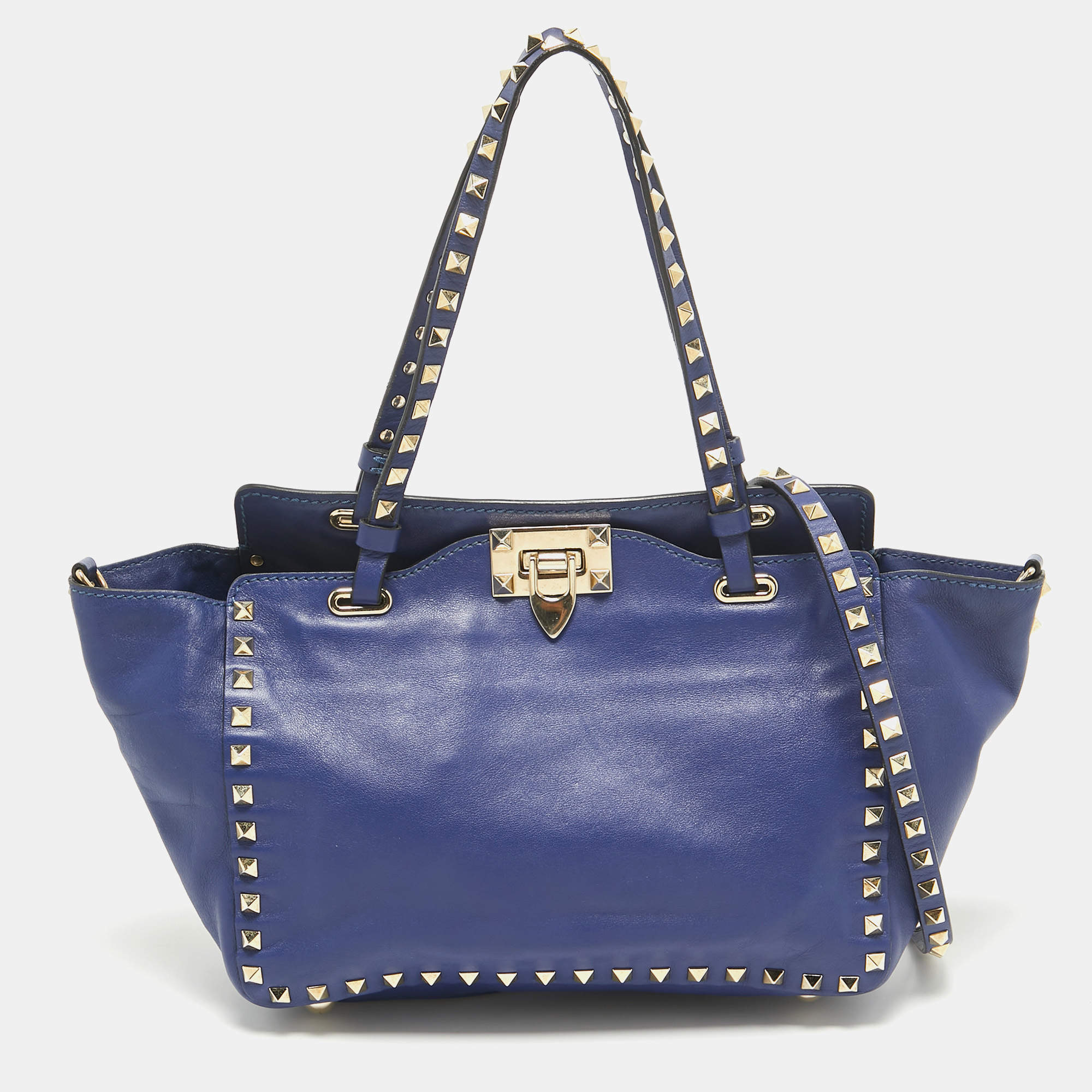 Pre Owned Valentino Blue Leather Small Rockstud Trapeze Tote