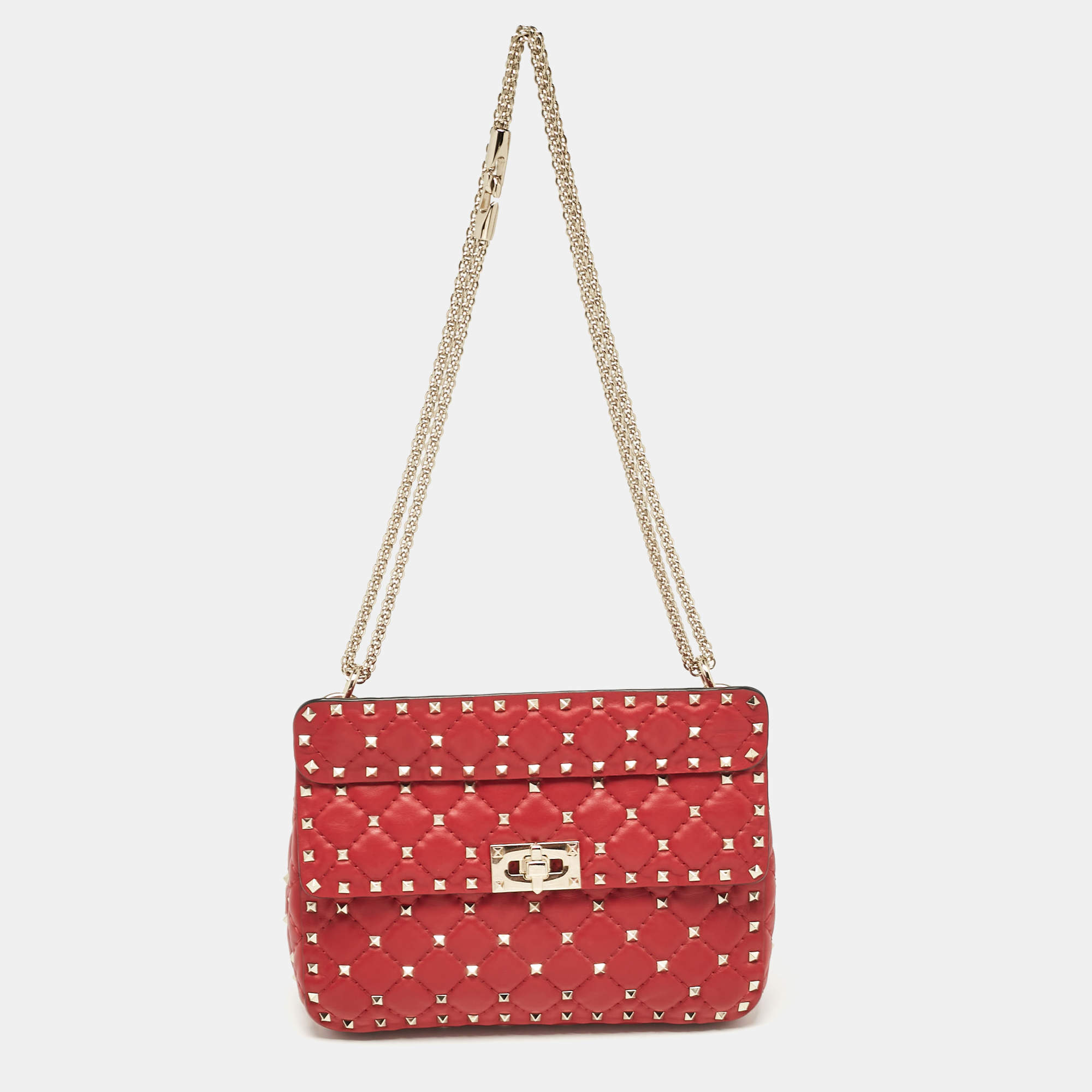 Pre Owned Valentino Red Leather Medium Rockstud Spike Top Handle Bag