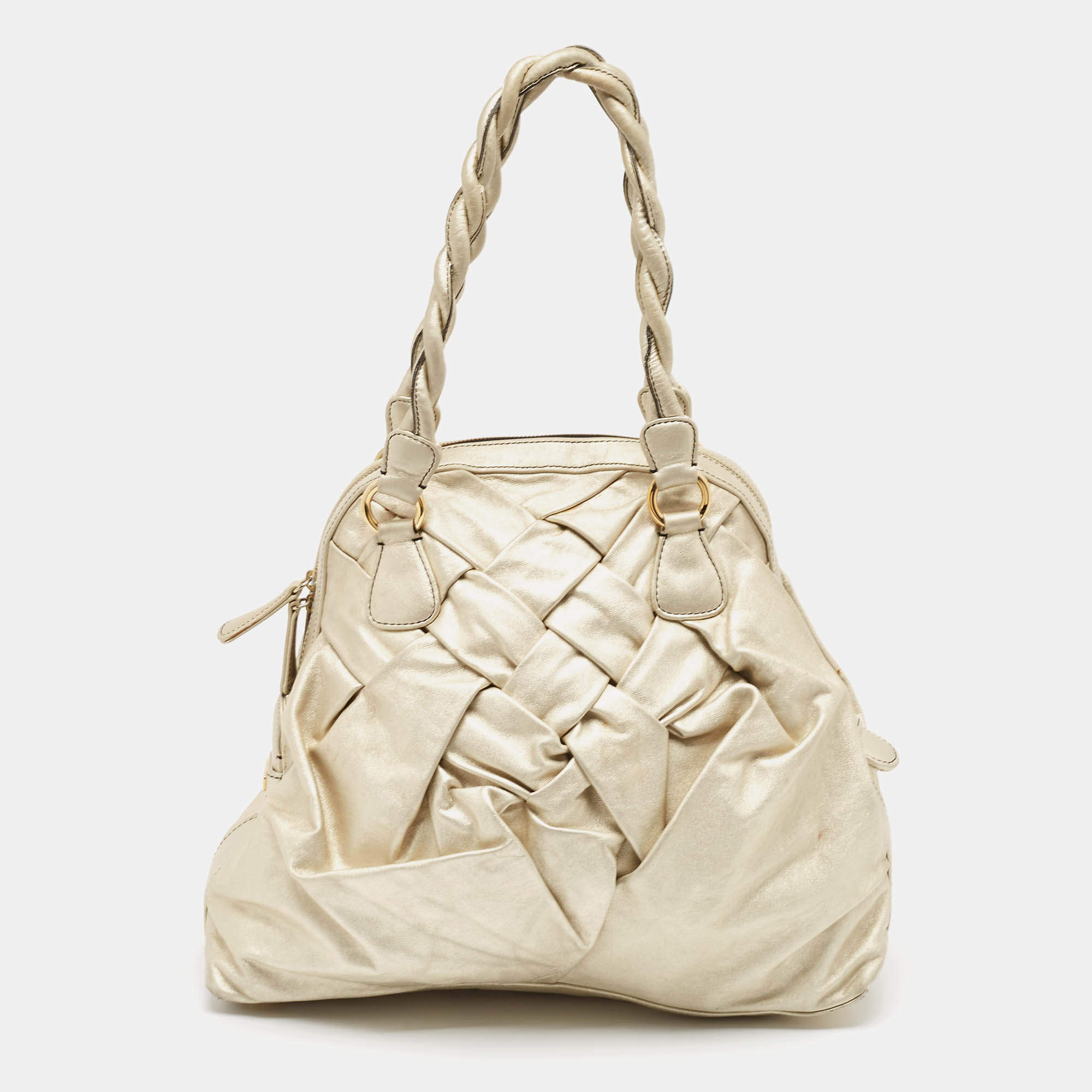Valentino Light Gold Leather Braided Satchel