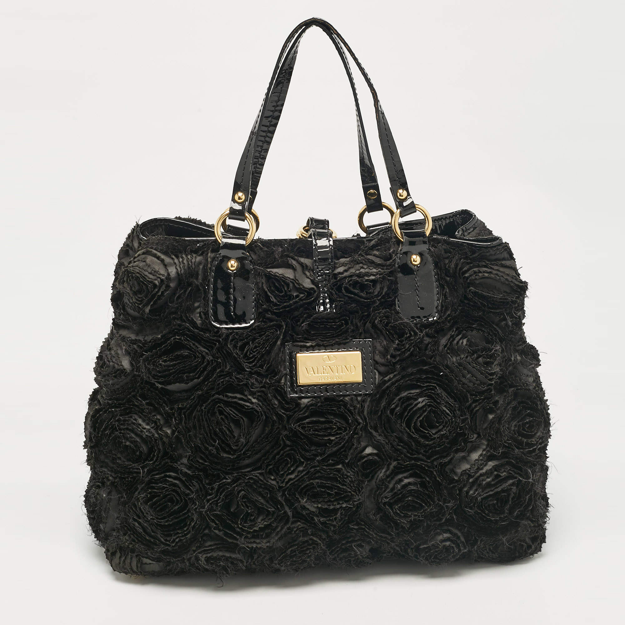 Pre Owned Valentino Black Patent Leather and Satin Rose Applique Tote