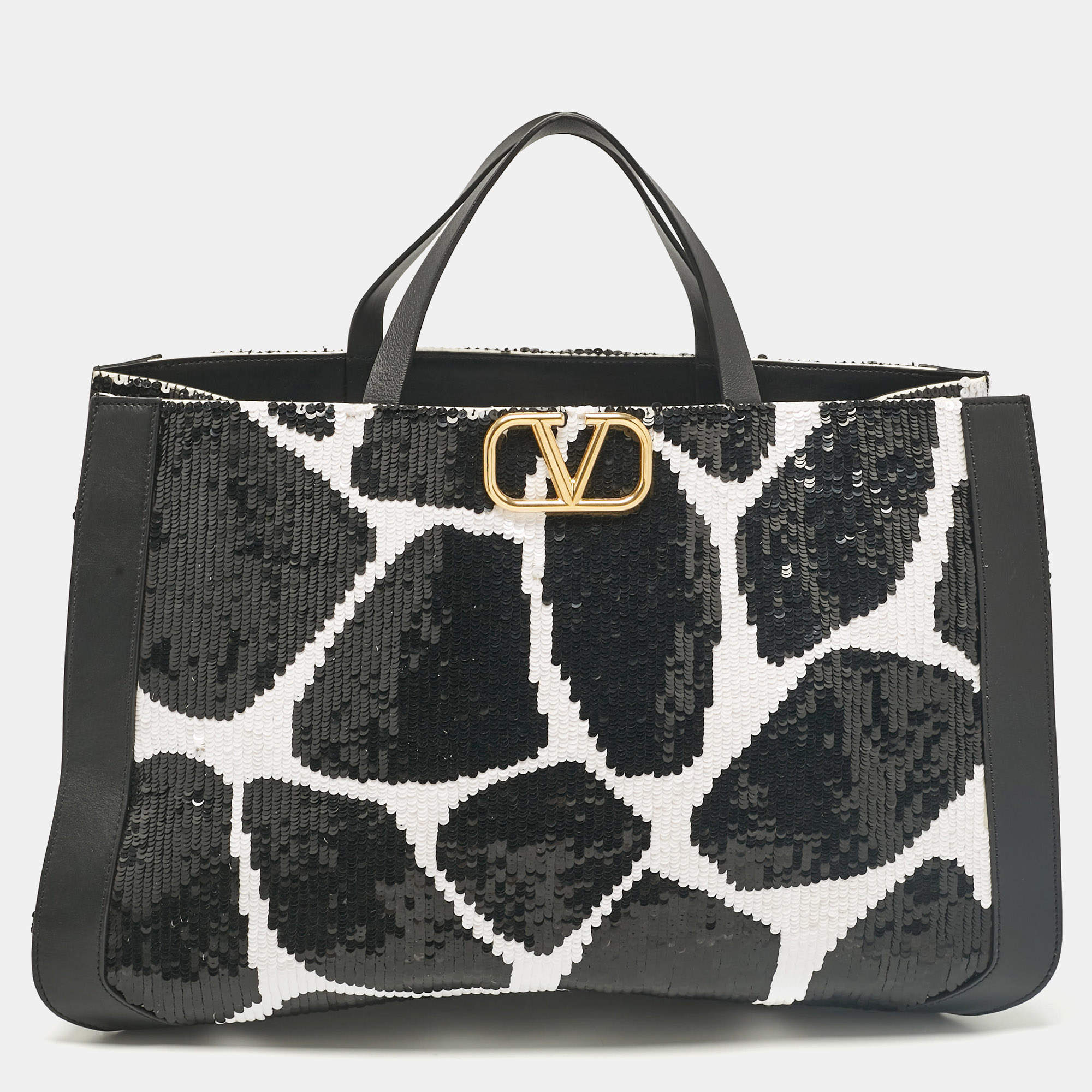 Pre Owned Valentino Black/White Printed Sequins and Leather VLogo Tote