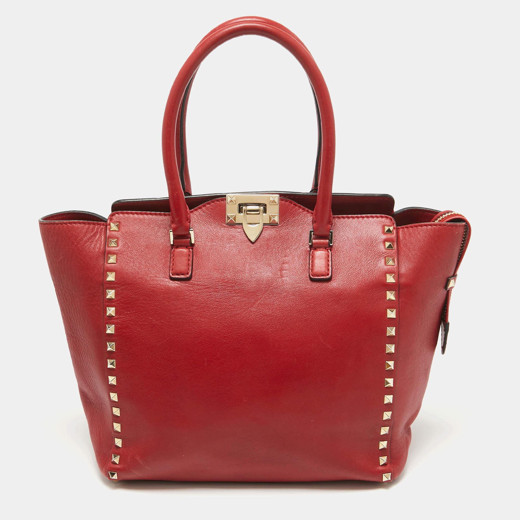 Valentino Red Leather Rockstud Trapeze Tote