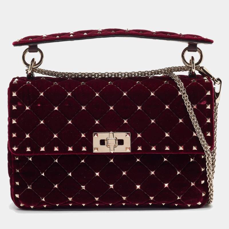 Pre Owned Valentino Burgundy Velvet Medium Rockstud Spike Top Handle Bag