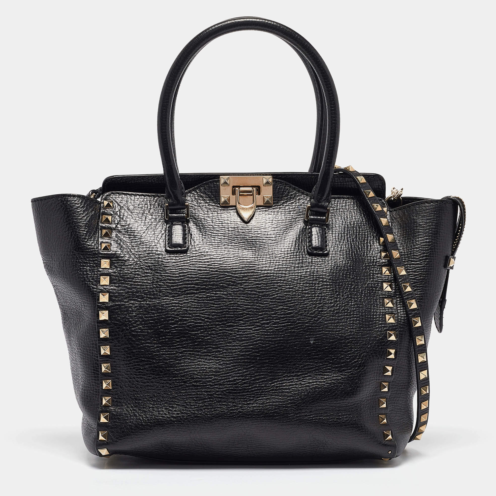 Pre Owned Valentino Black Leather Small Rockstud Trapeze Tote