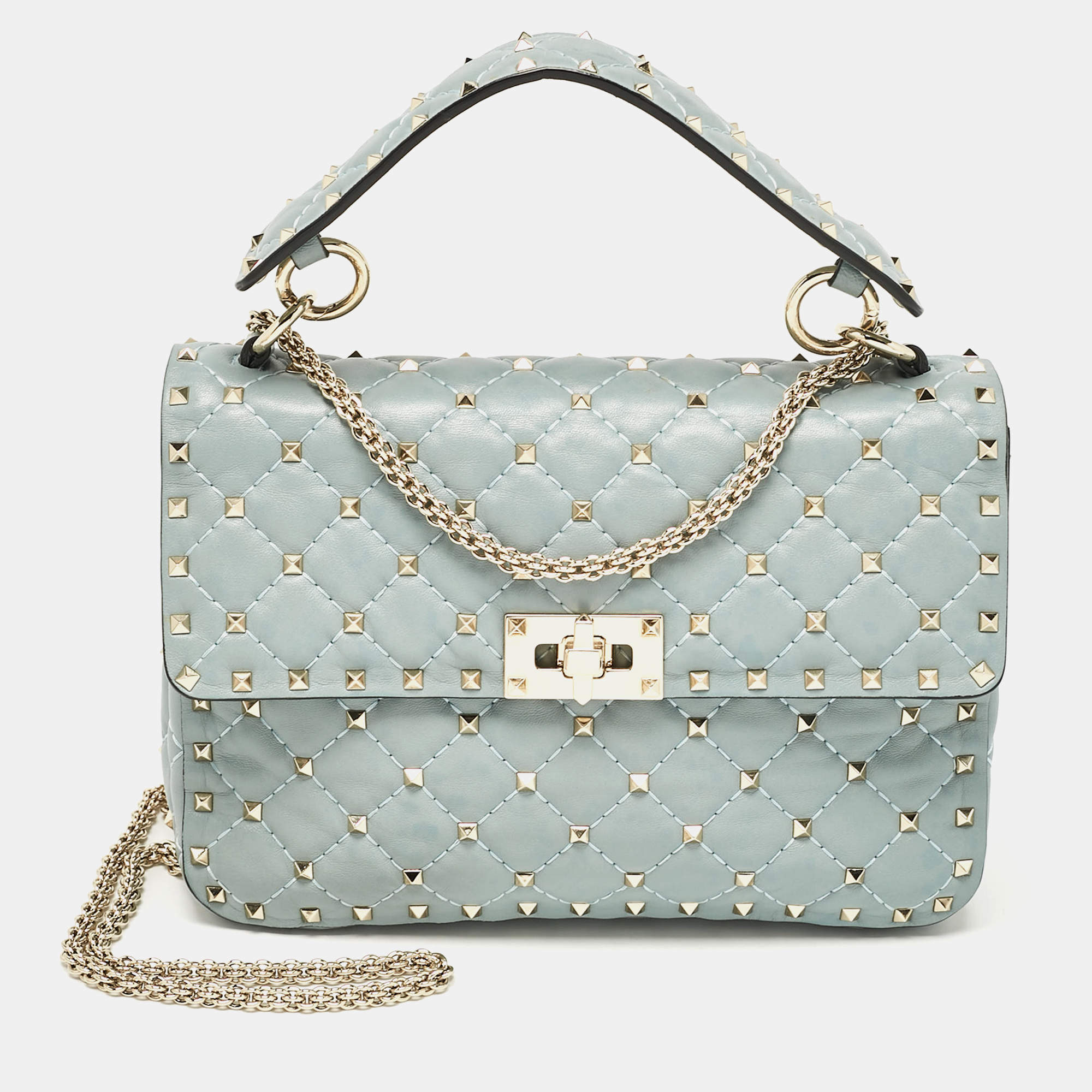 Pre Owned Valentino Light Blue Leather Medium Rockstud Spike Top Handle Bag