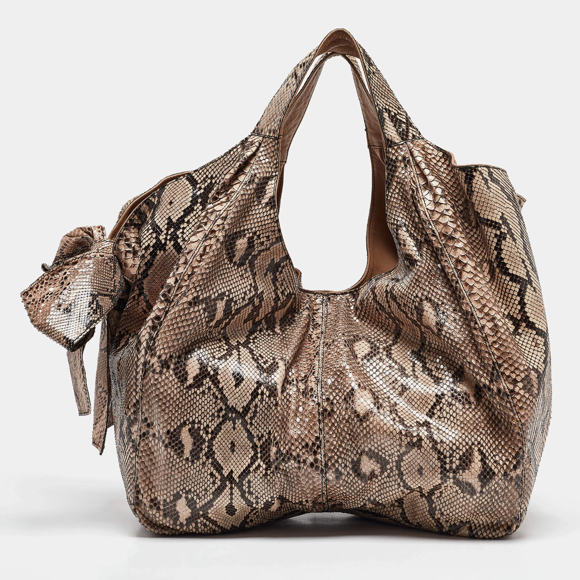 Pre Owned Valentino Beige/Brown Water Snake Bow Hobo