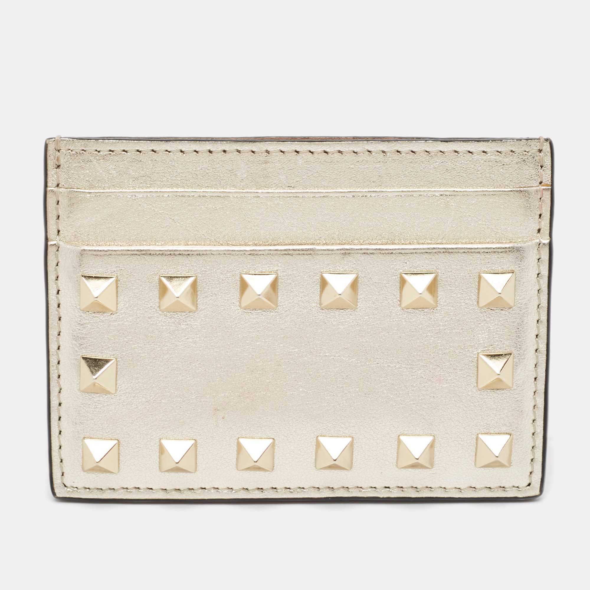 Valentino Light Gold Leather Rockstud Card Case