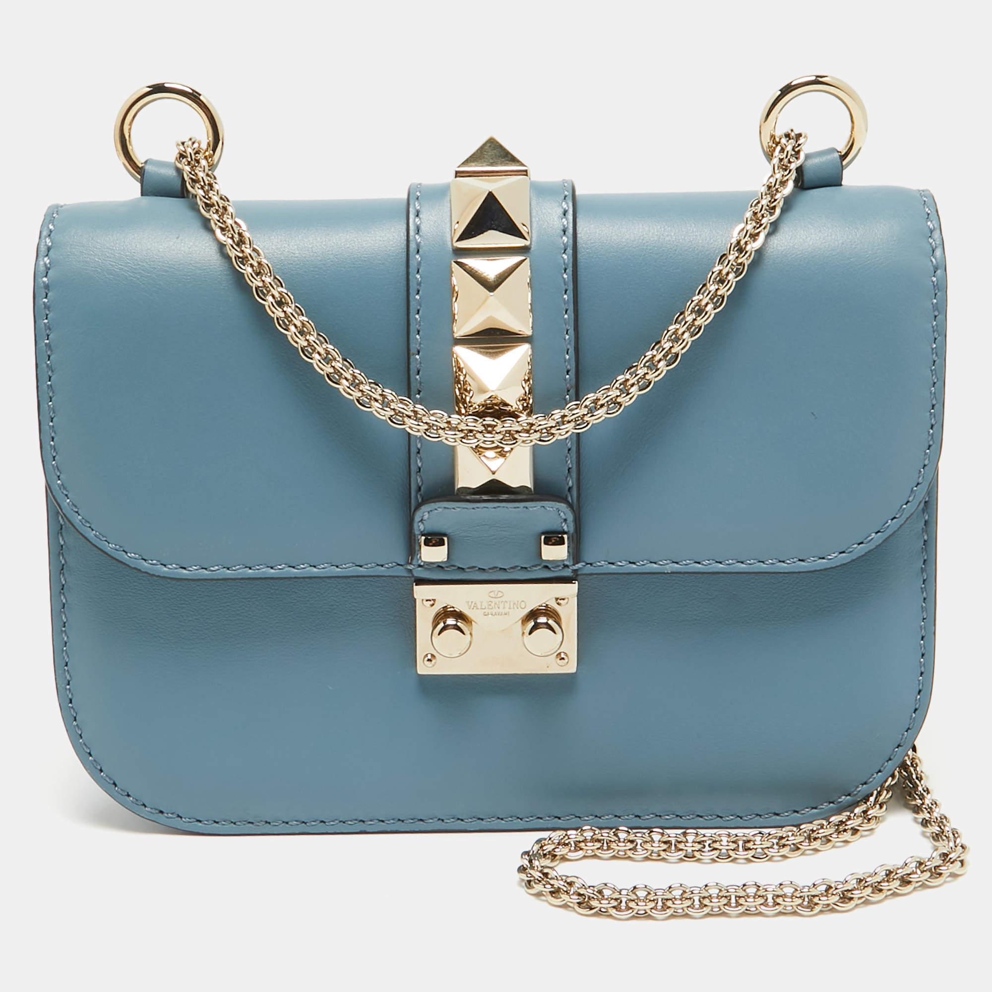 Valentino Blue Leather Small Rockstud Glam Lock Flap Bag