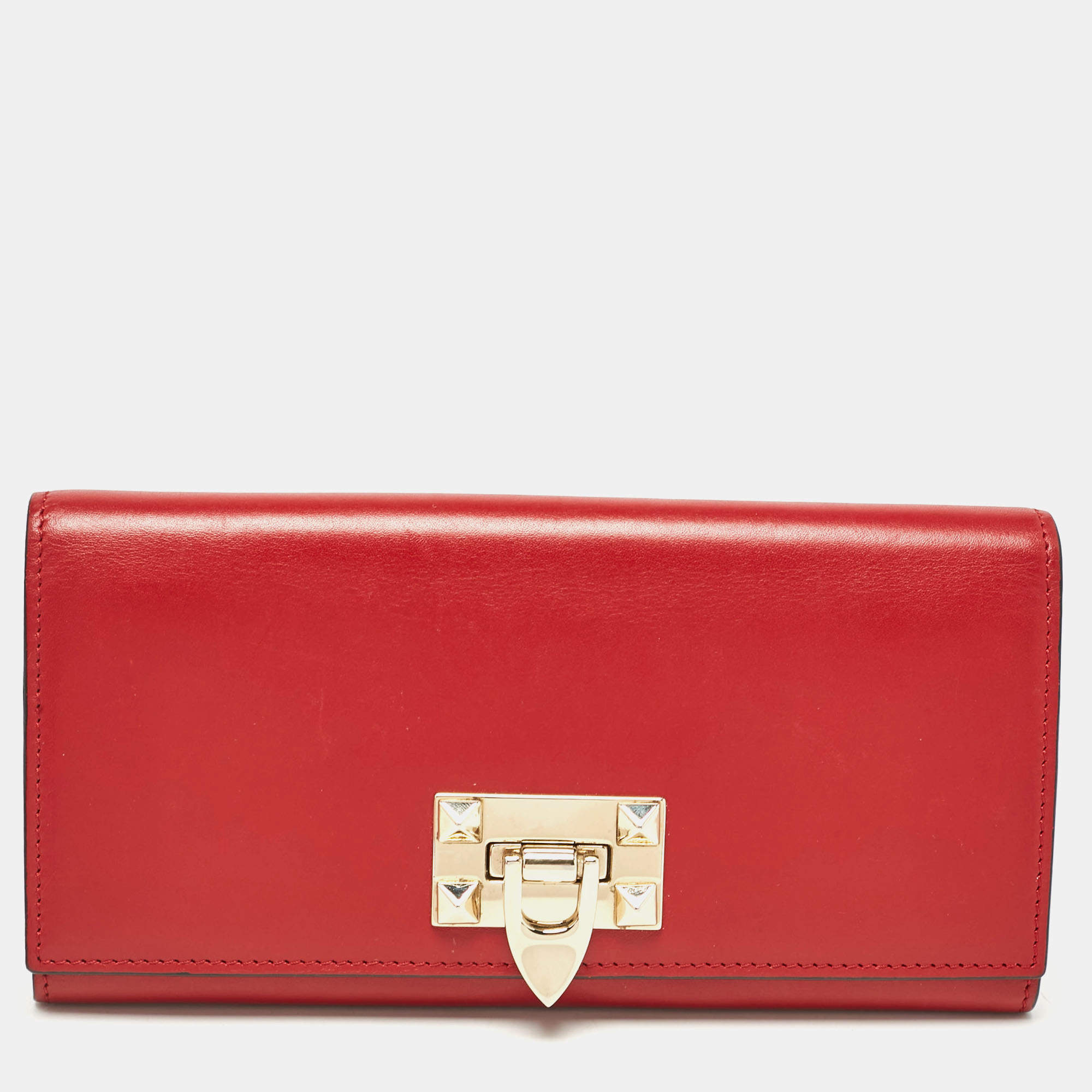 Pre Owned Valentino Red Leather Rockstud Continental Wallet
