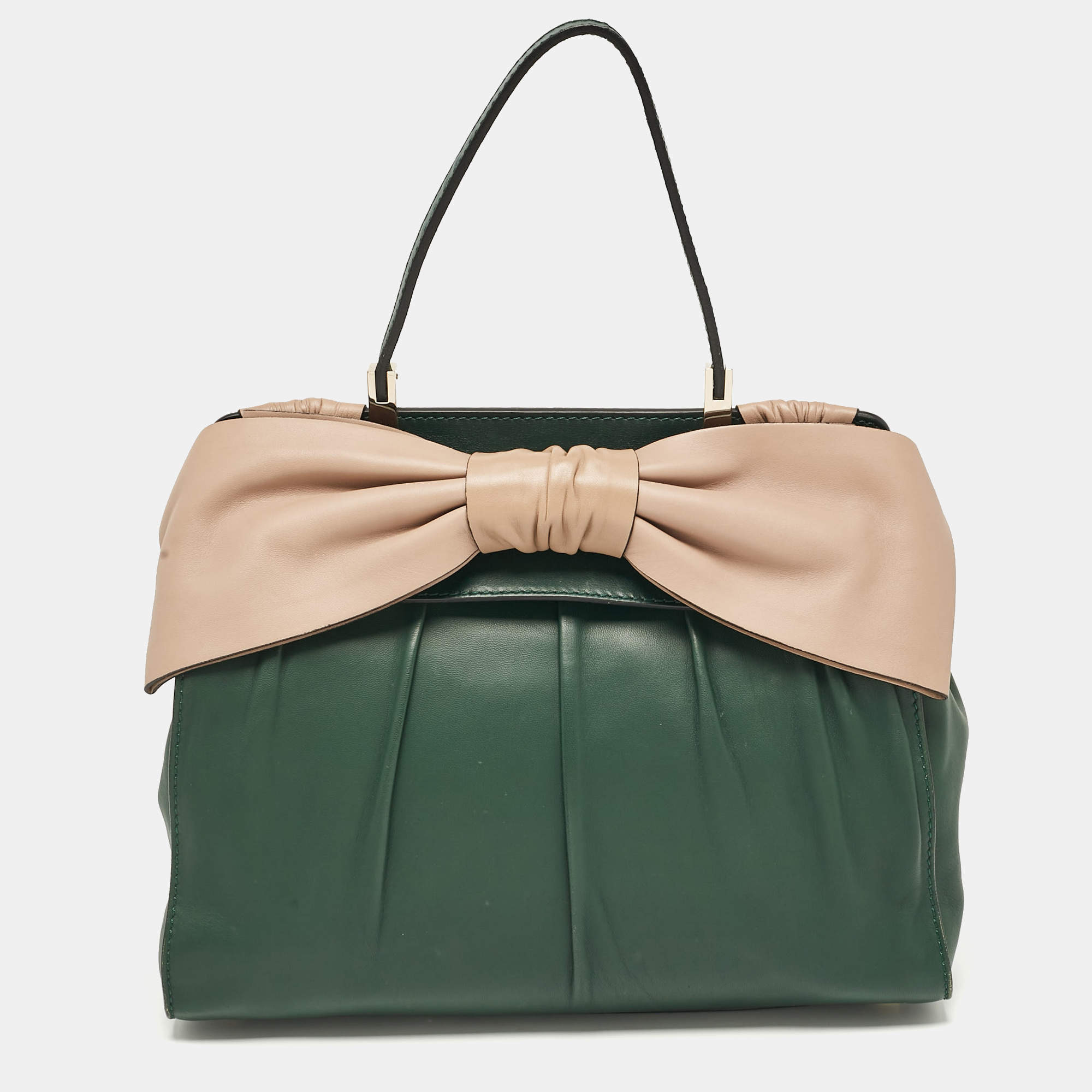 Valentino Green/Beige Leather Aphrodite Bow Top Handle Bag