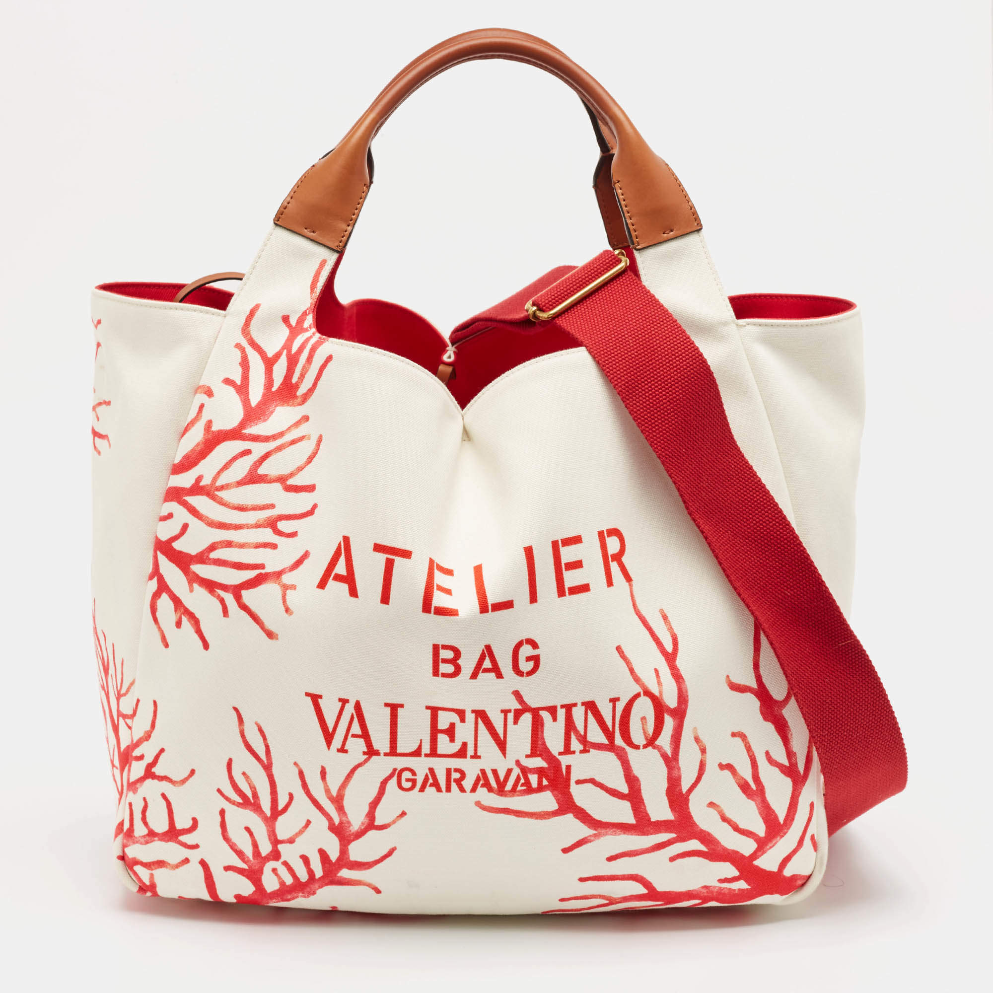 Valentino White/Red Printed Canvas Large Atelier Tote