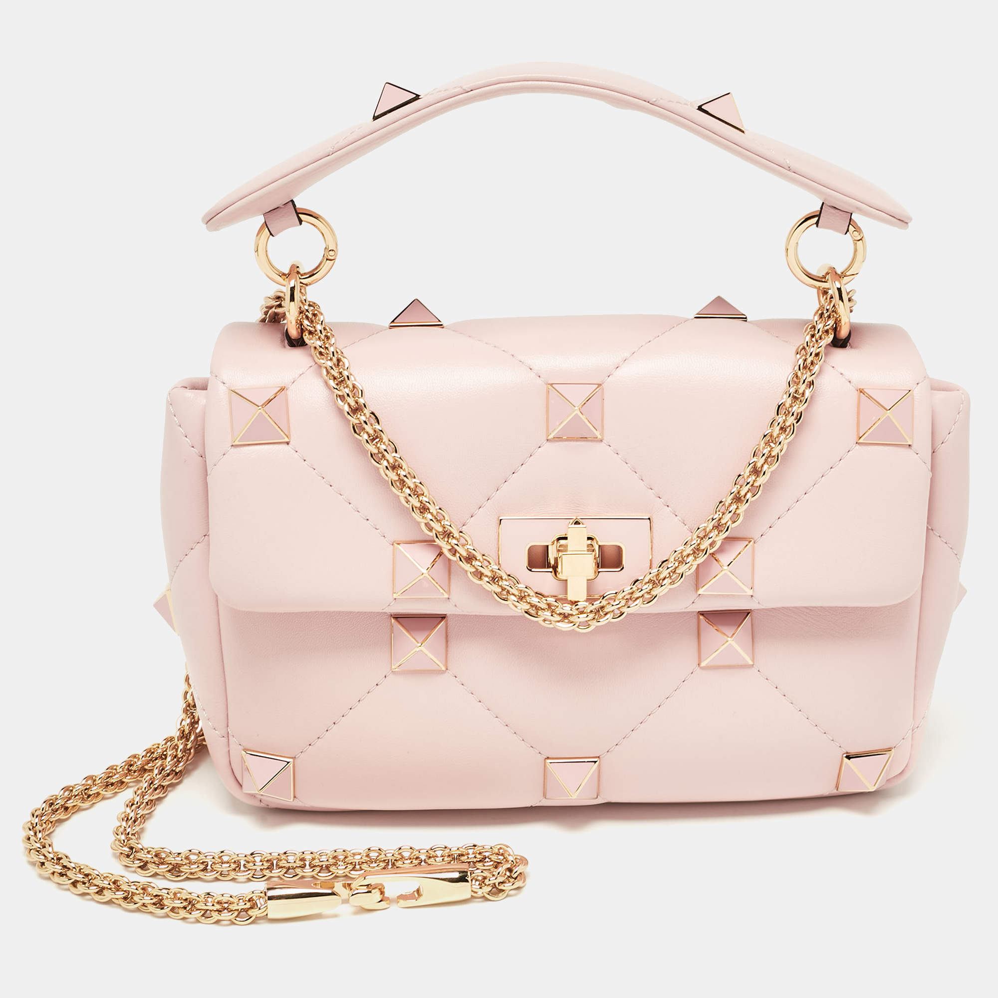 Pre Owned Valentino Pink Leather Medium Roman Stud Top Handle Bag