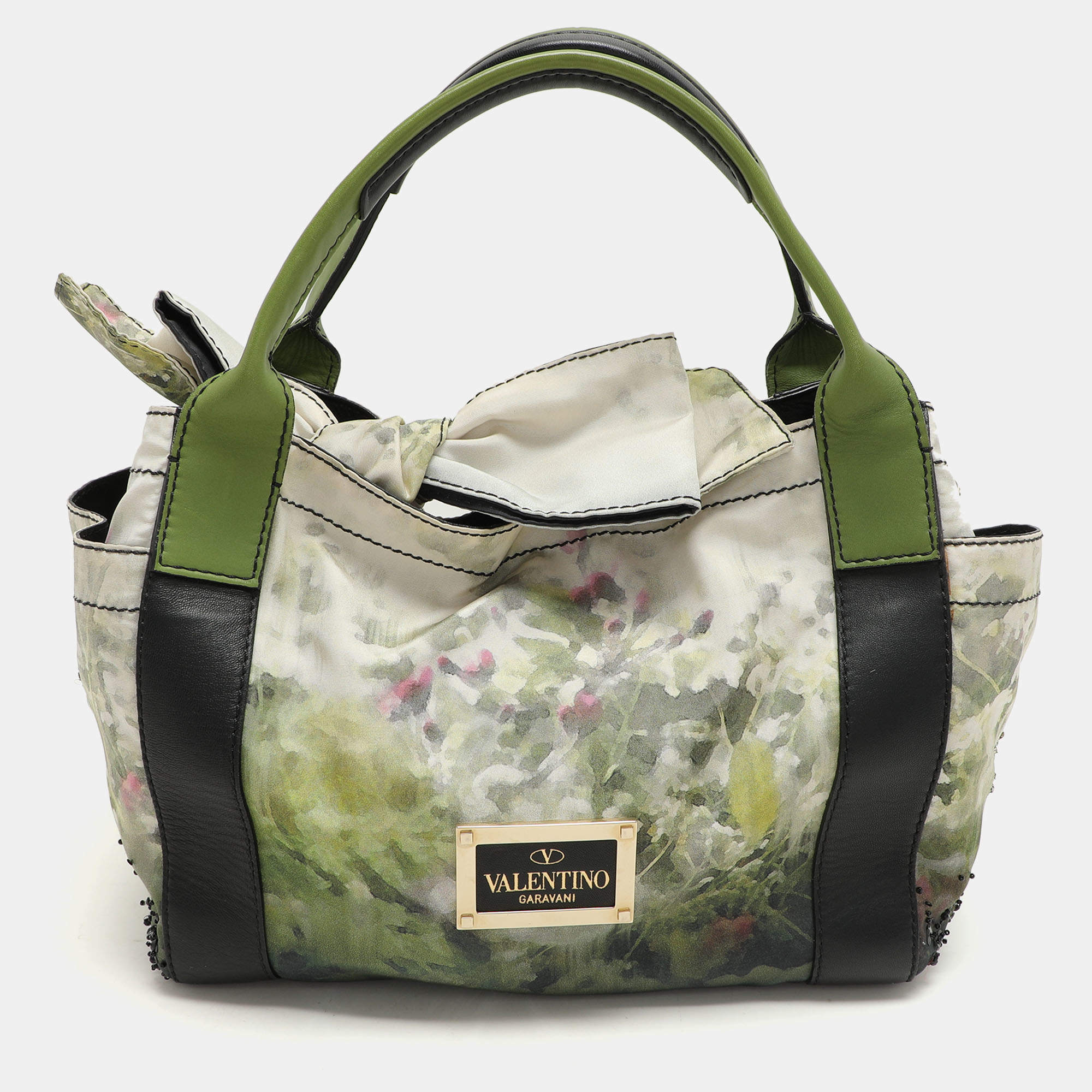 Valentino Multicolor Printed Nylon And Leather Double Pocket Bow Tote