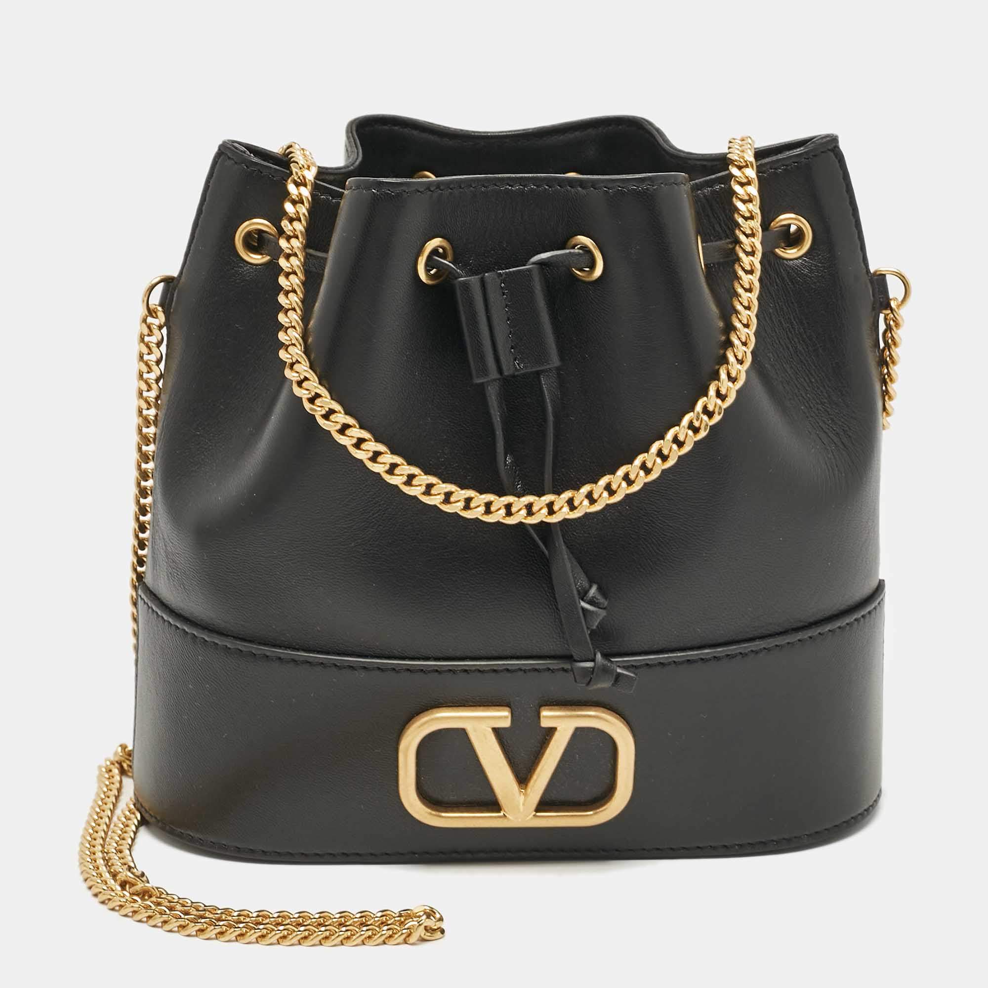 Pre Owned Valentino Black Leather VLogo Mini Bucket Bag