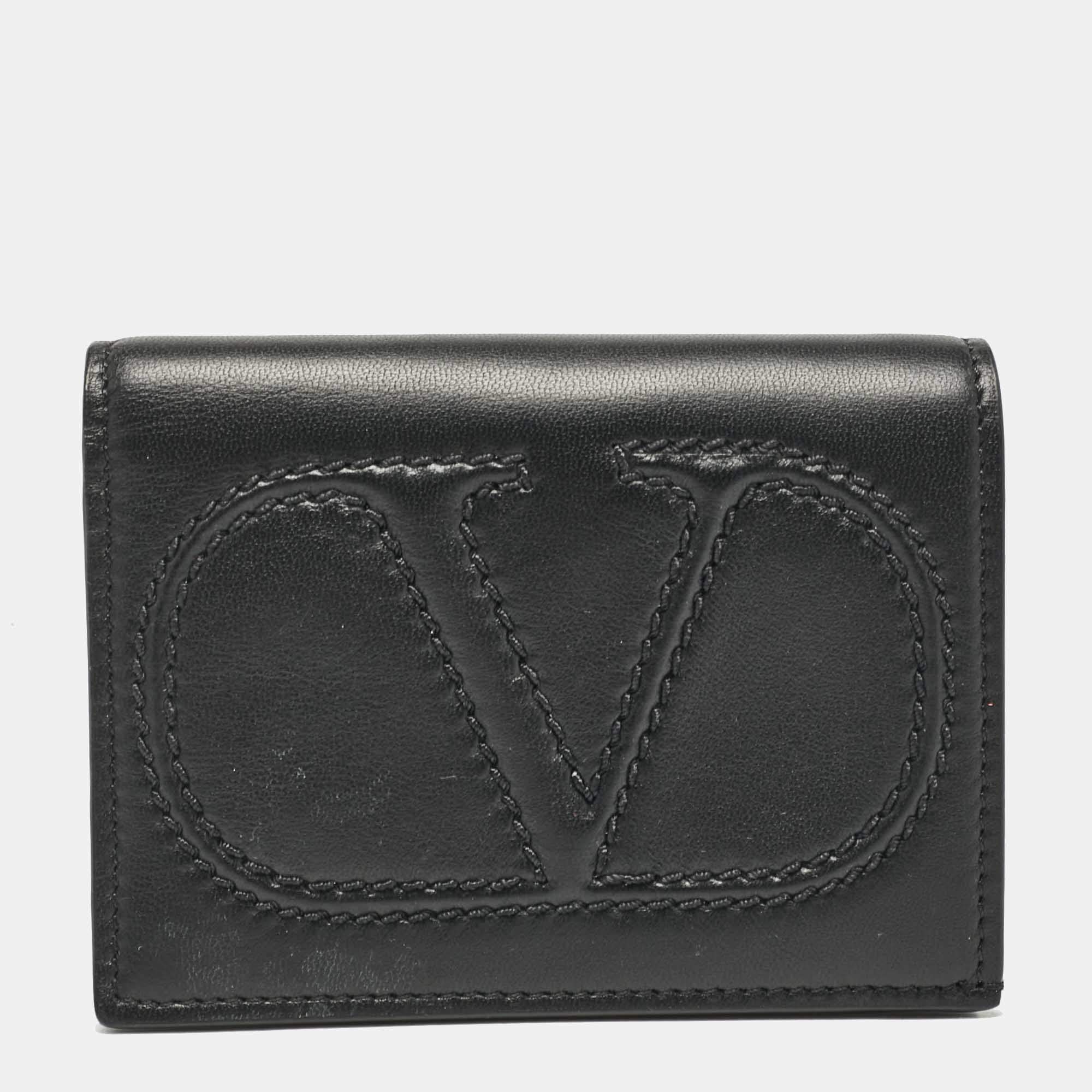مملوكة مسبقًا Valentino Black Leather Logo Flap Card Case